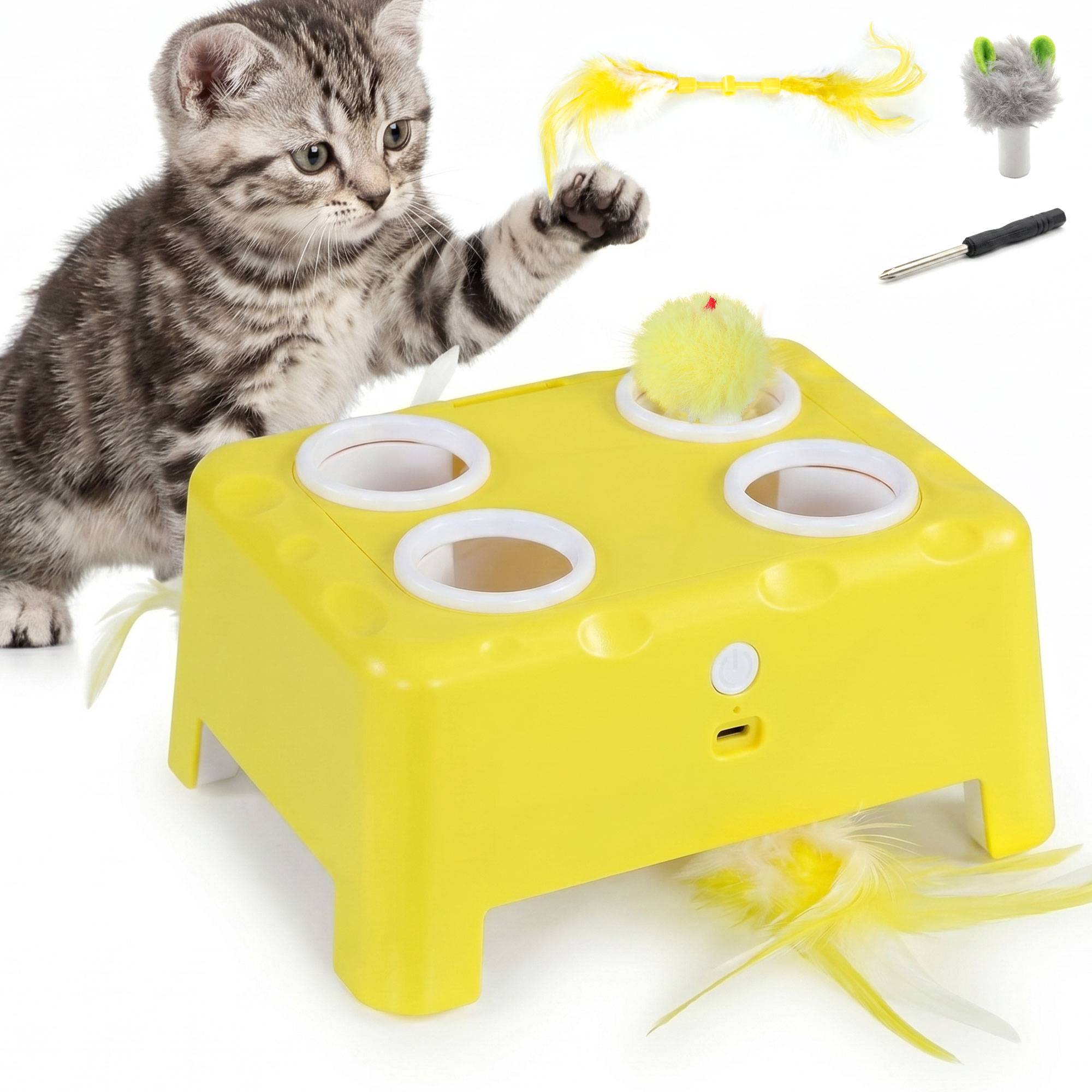 Sans Marque - Jouet Interactif pour Chats d'Intérieur Rechargeable, 3 Modes Réglables Repos Intelligent, 18,8 x 14 x 6 cm, Jaune