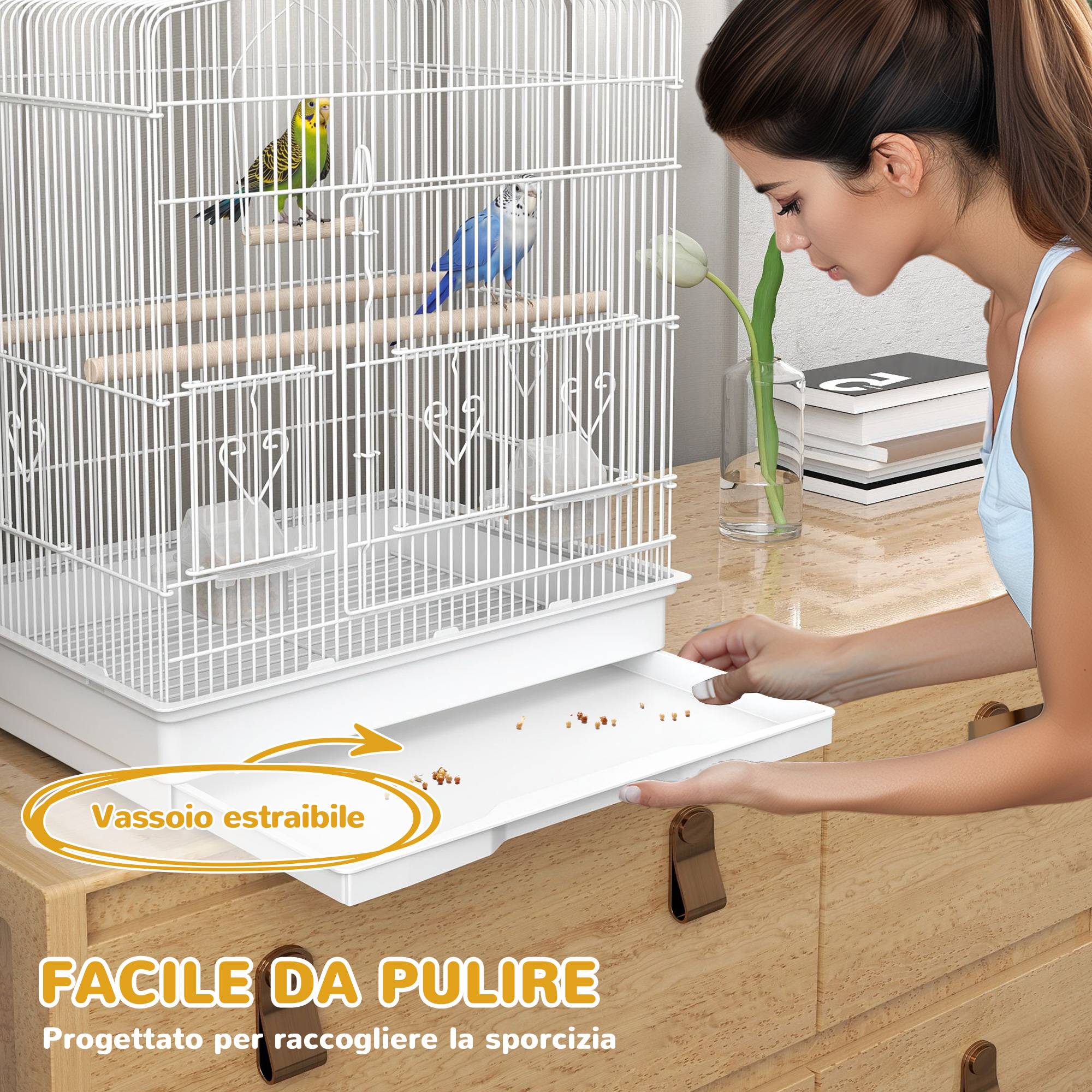 Cage pour oiseaux portable avec poignée, bac amovible et 5 portes, perchoirs et balançoire, blanc - Image 7
