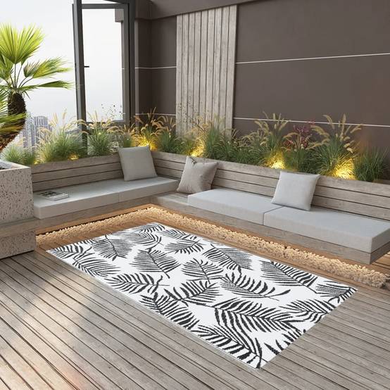 Tapis extérieur - Tapis de jardin - Tapis de terrasse Blanc et noir 160x230 cm PP-JU12232 - Image 2