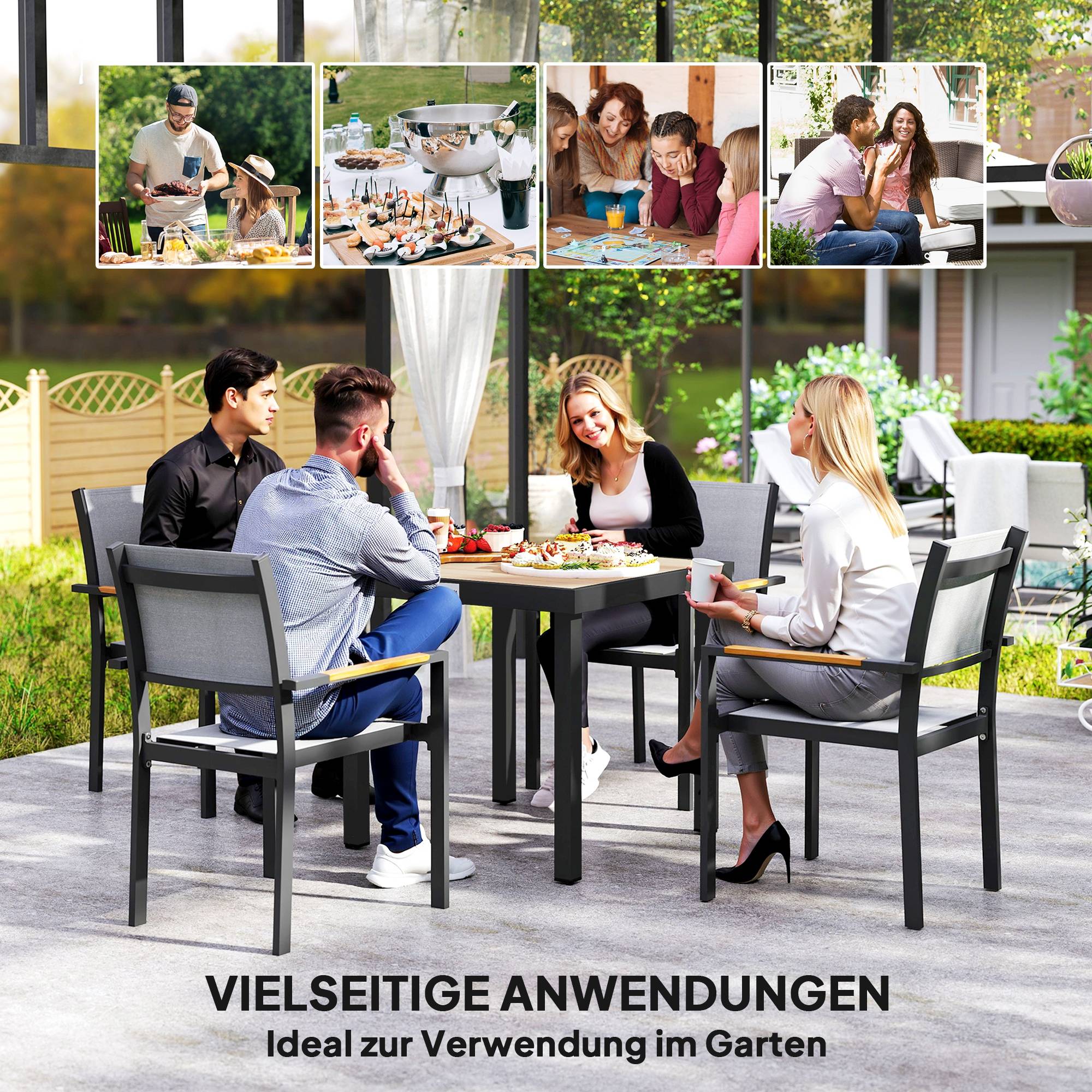 Table jardin plastique cadre aluminium 78x78x74cm noire résistante, repas 4 personnes extérieur - Image 6