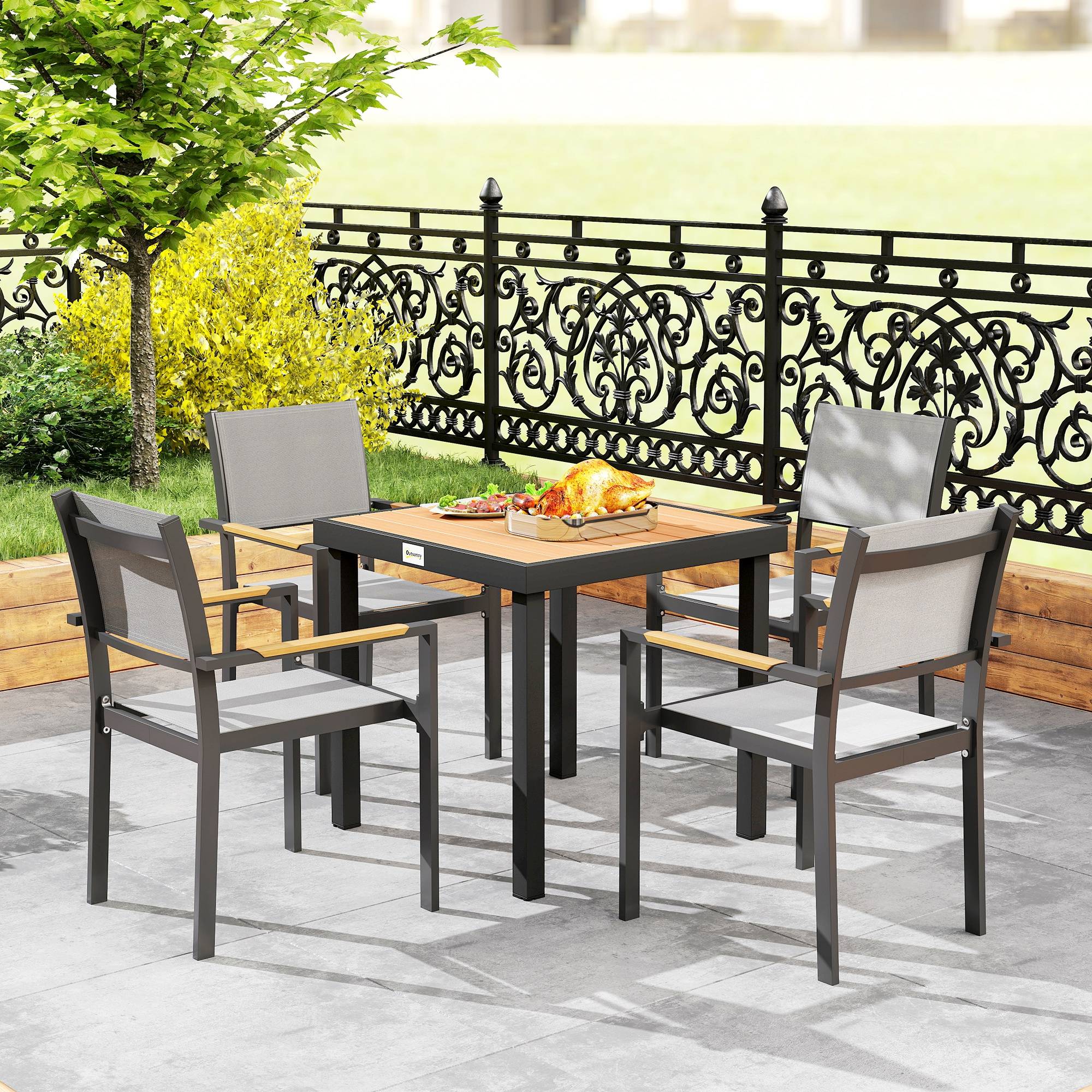 Table jardin plastique cadre aluminium 78x78x74cm noire résistante, repas 4 personnes extérieur - Image 7