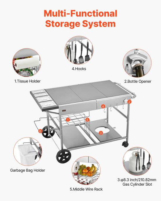 Vevor - VEVOR Desserte de Jardin Chariot de Barbecue pour Plancha 136x76x79 cm Cuisine - Image 6