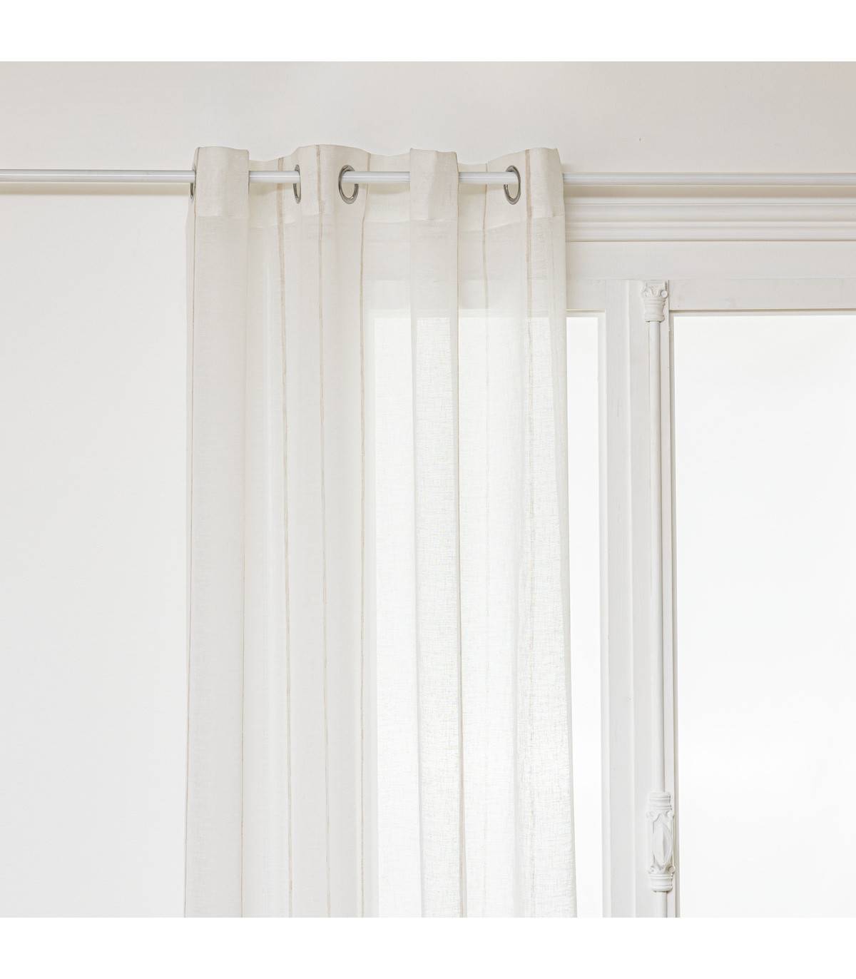 Voilage à œillets Blanc avec de fines rayures Beige Lin 140 x 240 cm - Imagen 1