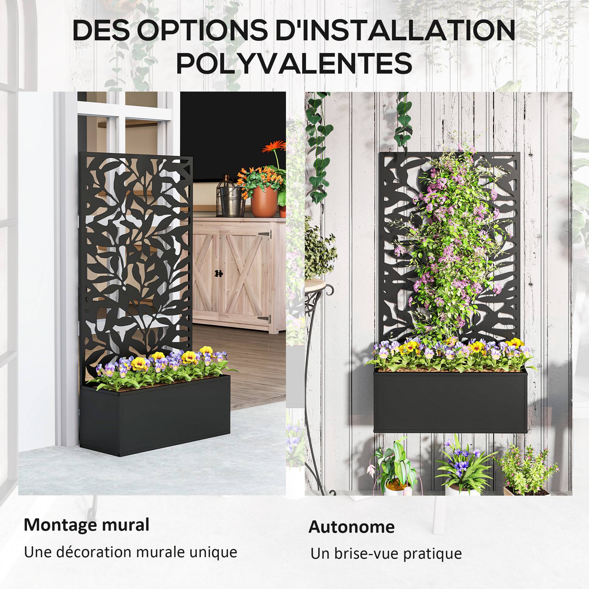 Pot de fleurs avec treillis panneau intimité 61x23x113 cm noir, plantes grimpantes, jardin extérieur décoratif - Image 7