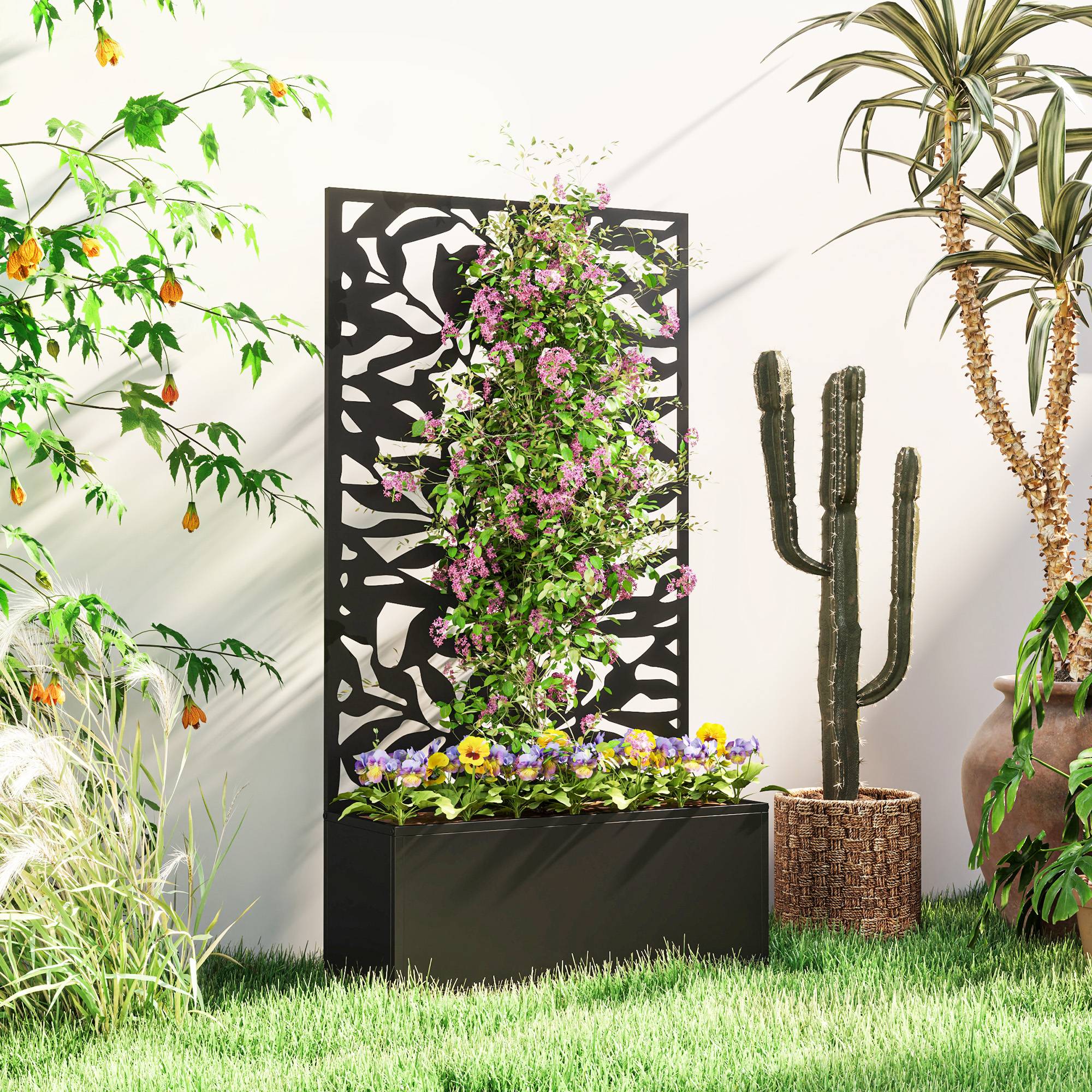 Pot de fleurs avec treillis panneau intimité 61x23x113 cm noir, plantes grimpantes, jardin extérieur décoratif - Image 3