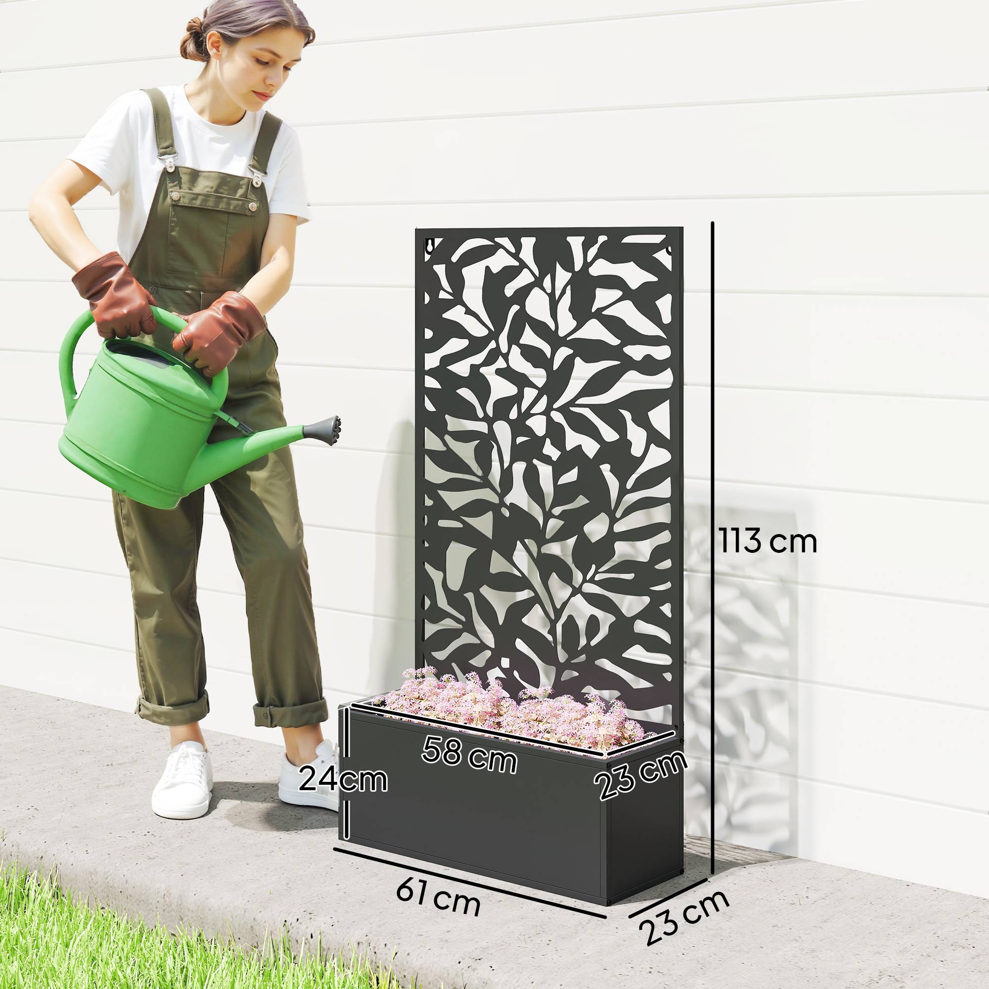 Pot de fleurs avec treillis panneau intimité 61x23x113 cm noir, plantes grimpantes, jardin extérieur décoratif - Image 5