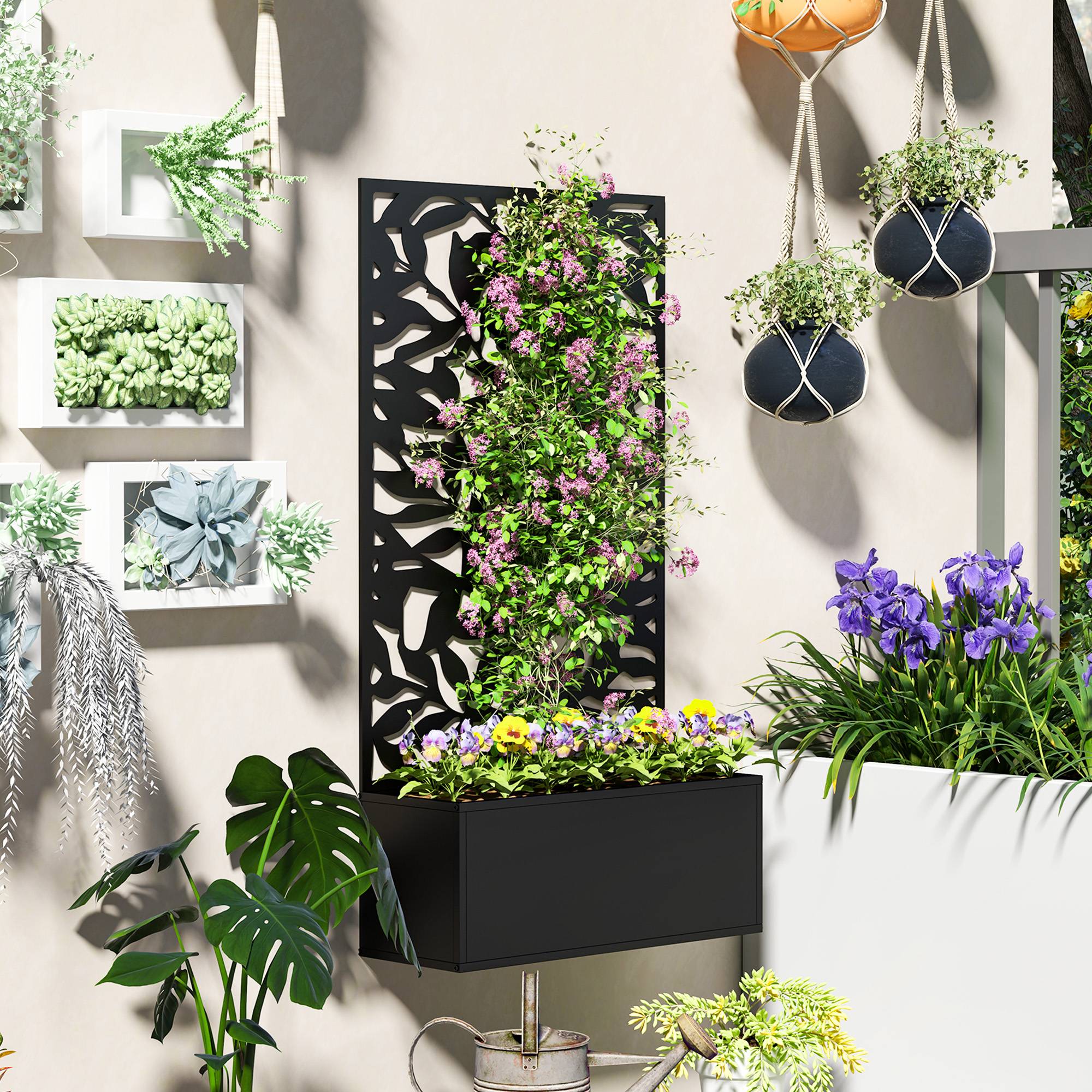 Pot de fleurs avec treillis panneau intimité 61x23x113 cm noir, plantes grimpantes, jardin extérieur décoratif - Image 8
