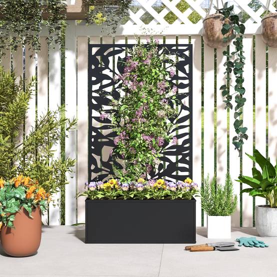 Pot de fleurs avec treillis panneau intimité 61x23x113 cm noir, plantes grimpantes, jardin extérieur décoratif - Image 9