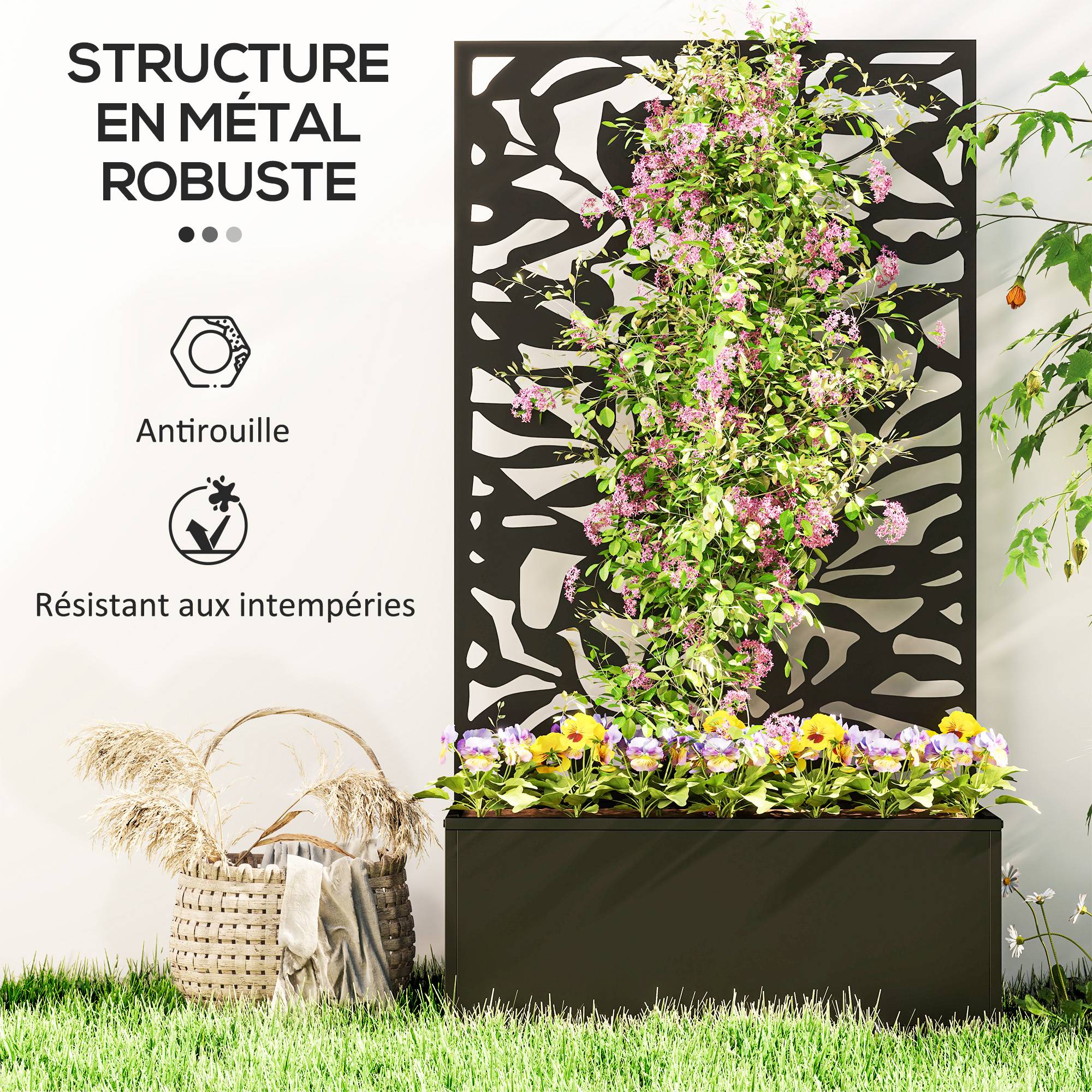 Pot de fleurs avec treillis panneau intimité 61x23x113 cm noir, plantes grimpantes, jardin extérieur décoratif - Image 6