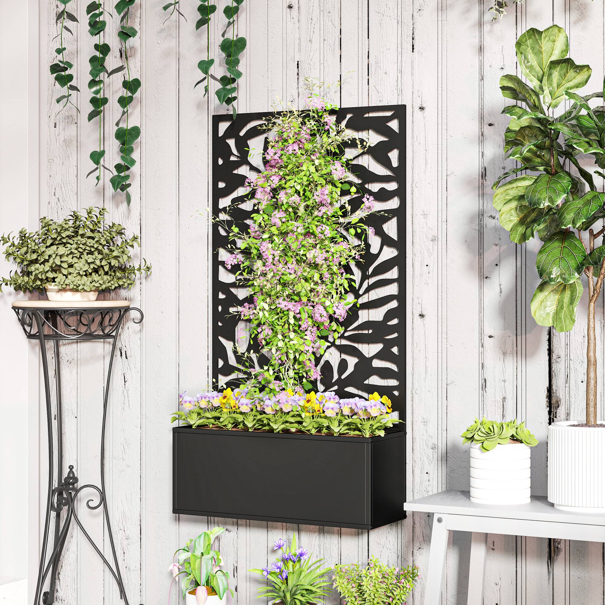 Pot de fleurs avec treillis panneau intimité 61x23x113 cm noir, plantes grimpantes, jardin extérieur décoratif - Image 4