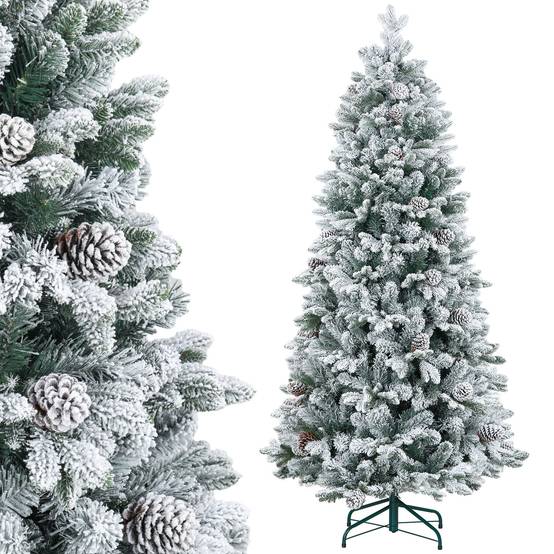 Sapin de Noël artificiel 180 cm Arbre de Noël avec support en métal 1489 branches enneigées, pommes de pin, vert - Image 1