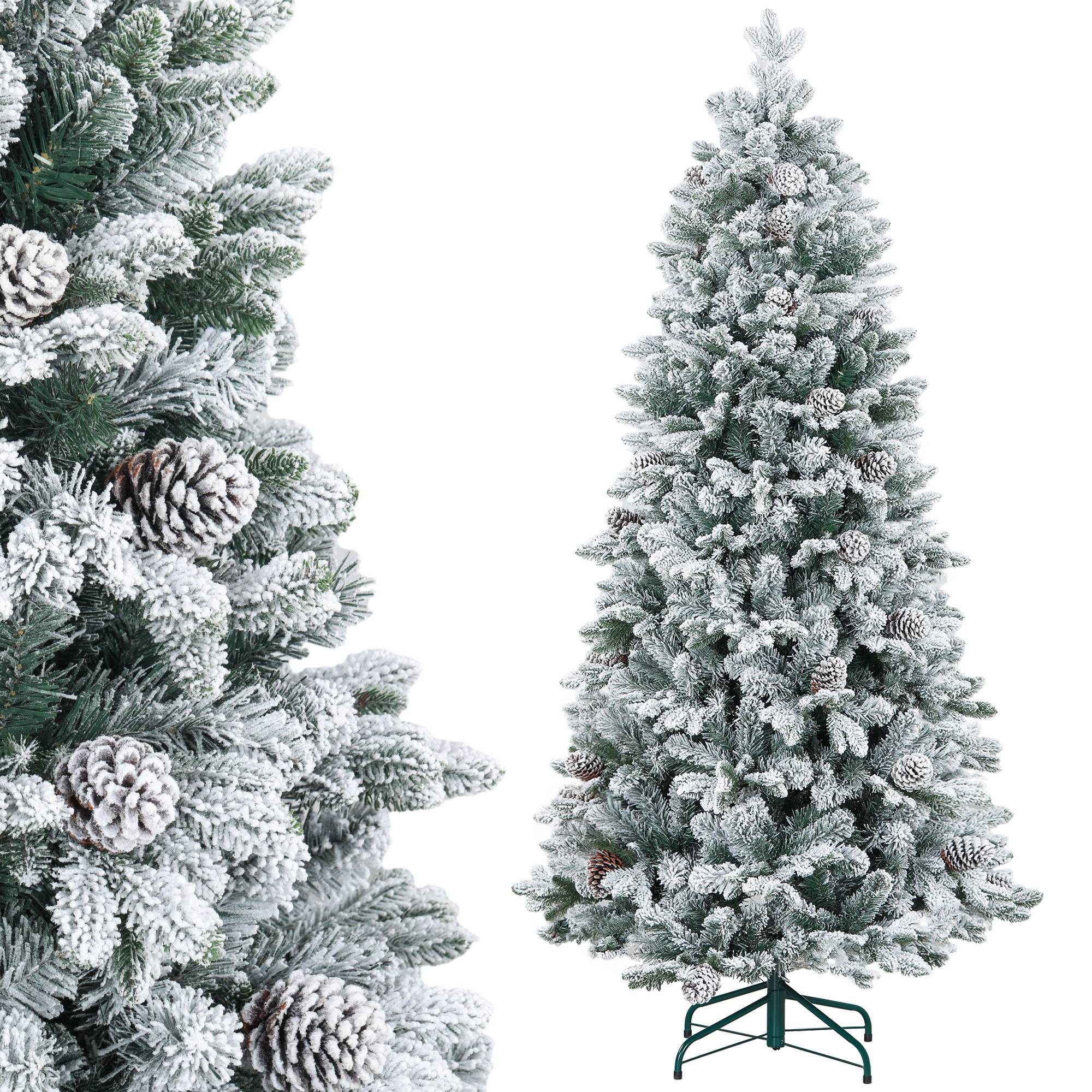 Sapin de Noël artificiel 180 cm Arbre de Noël avec support en métal 1489 branches enneigées, pommes de pin, vert - Image 1