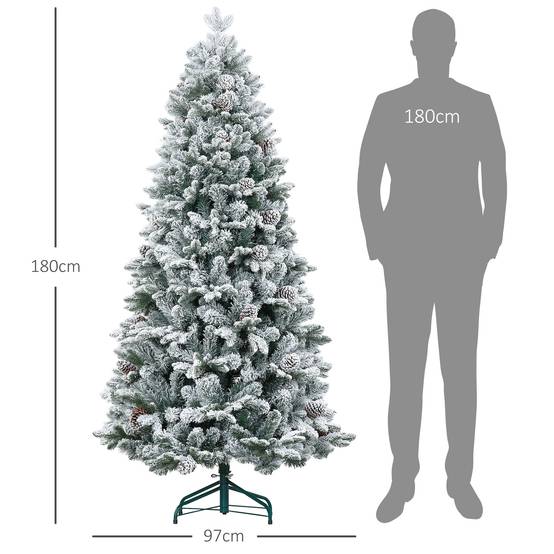 Sapin de Noël artificiel 180 cm Arbre de Noël avec support en métal 1489 branches enneigées, pommes de pin, vert - Image 5