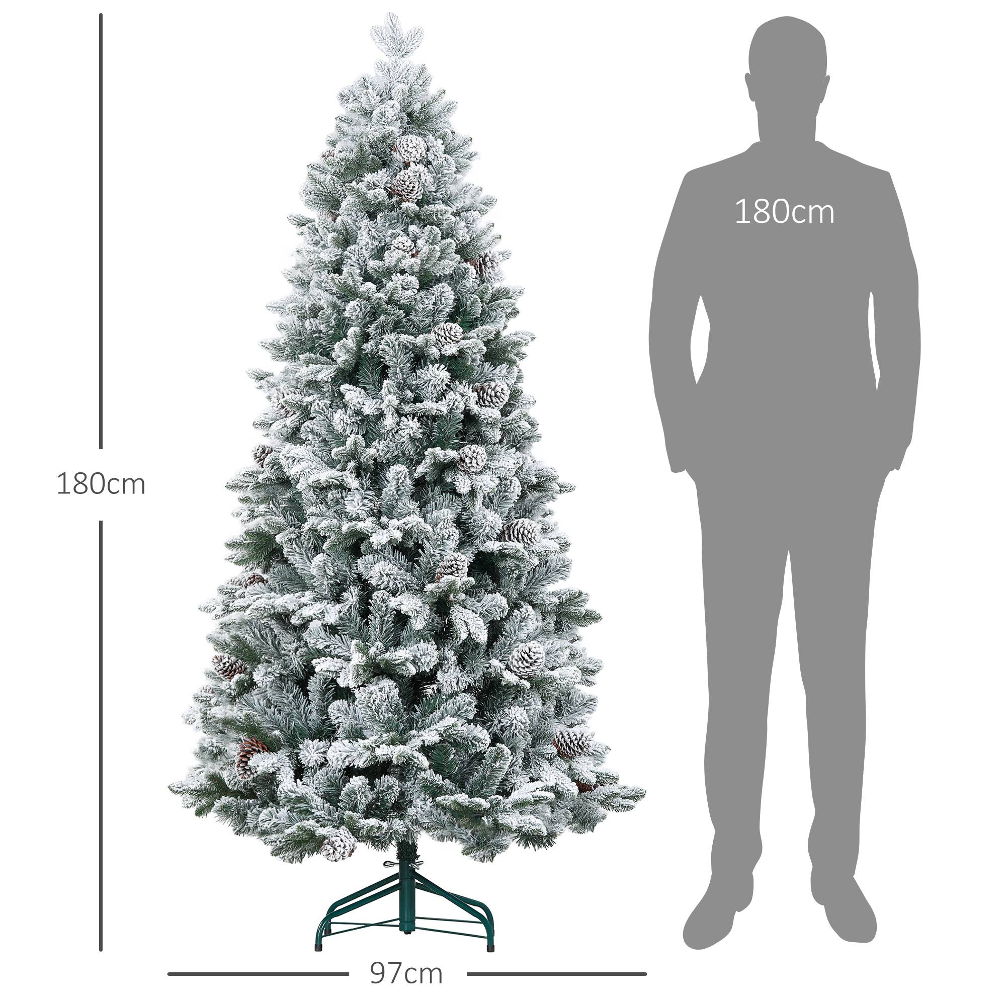 Sapin de Noël artificiel 180 cm Arbre de Noël avec support en métal 1489 branches enneigées, pommes de pin, vert - Image 5