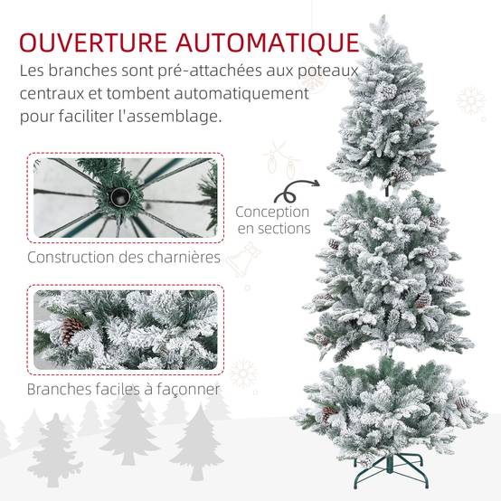 Sapin de Noël artificiel 180 cm Arbre de Noël avec support en métal 1489 branches enneigées, pommes de pin, vert - Image 8