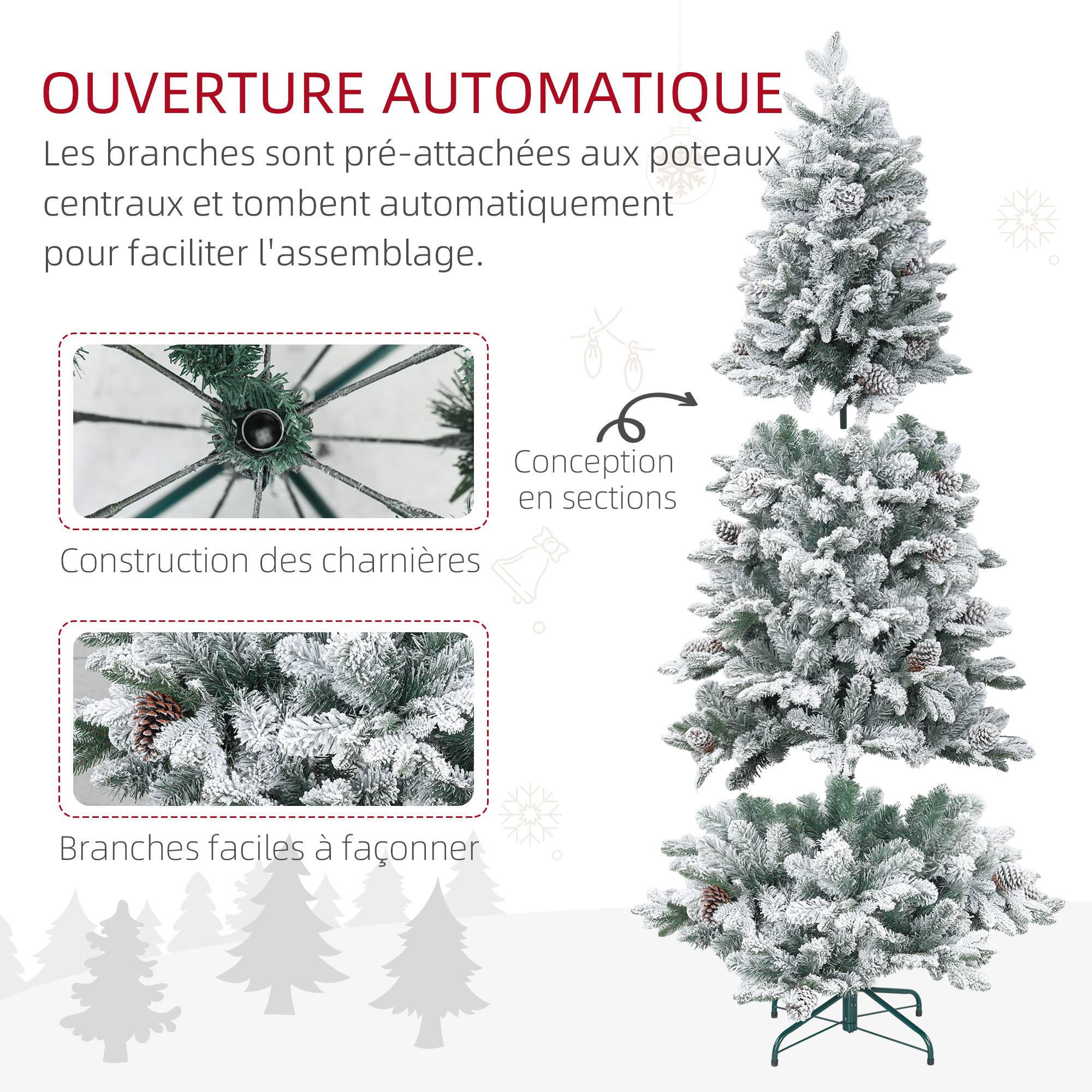 Sapin de Noël artificiel 180 cm Arbre de Noël avec support en métal 1489 branches enneigées, pommes de pin, vert - Image 8