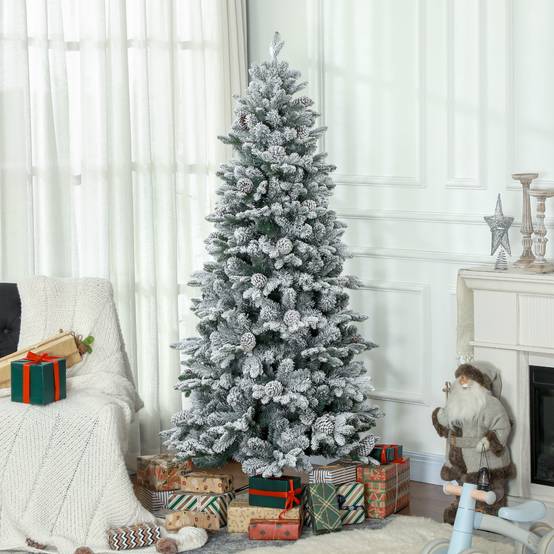 Sapin de Noël artificiel 180 cm Arbre de Noël avec support en métal 1489 branches enneigées, pommes de pin, vert - Image 4