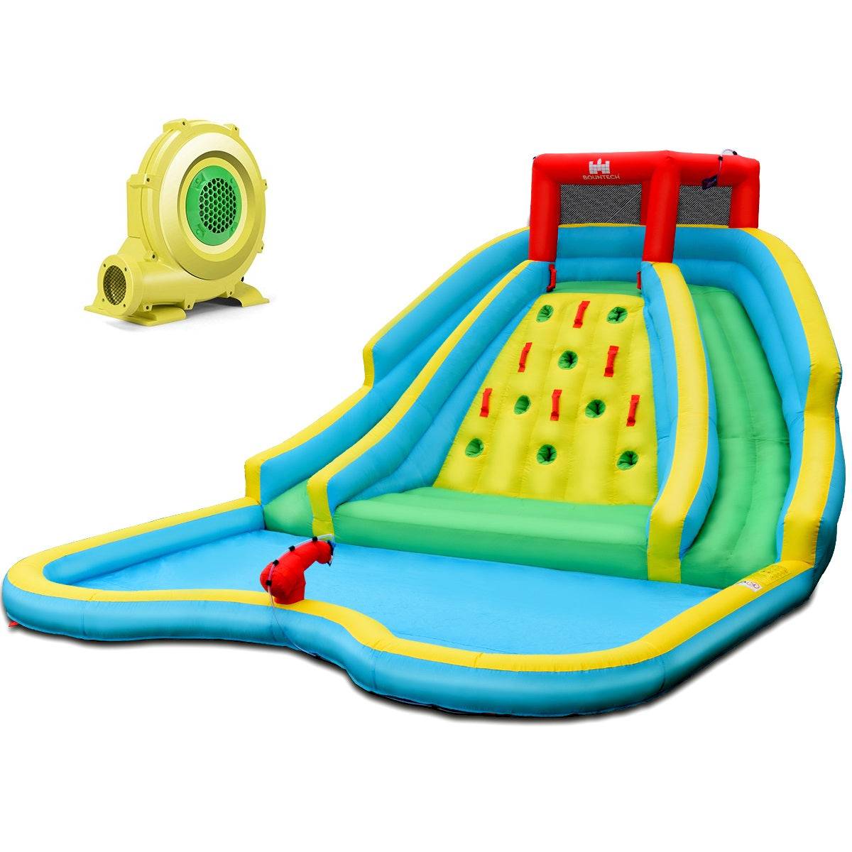 Helloshop26 - Toboggan aquatique gonflable 5 en 1 avec pataugeoire aire de jeux gonflable en oxford avec mur d'escalade avec ventilateur - Imagen 1