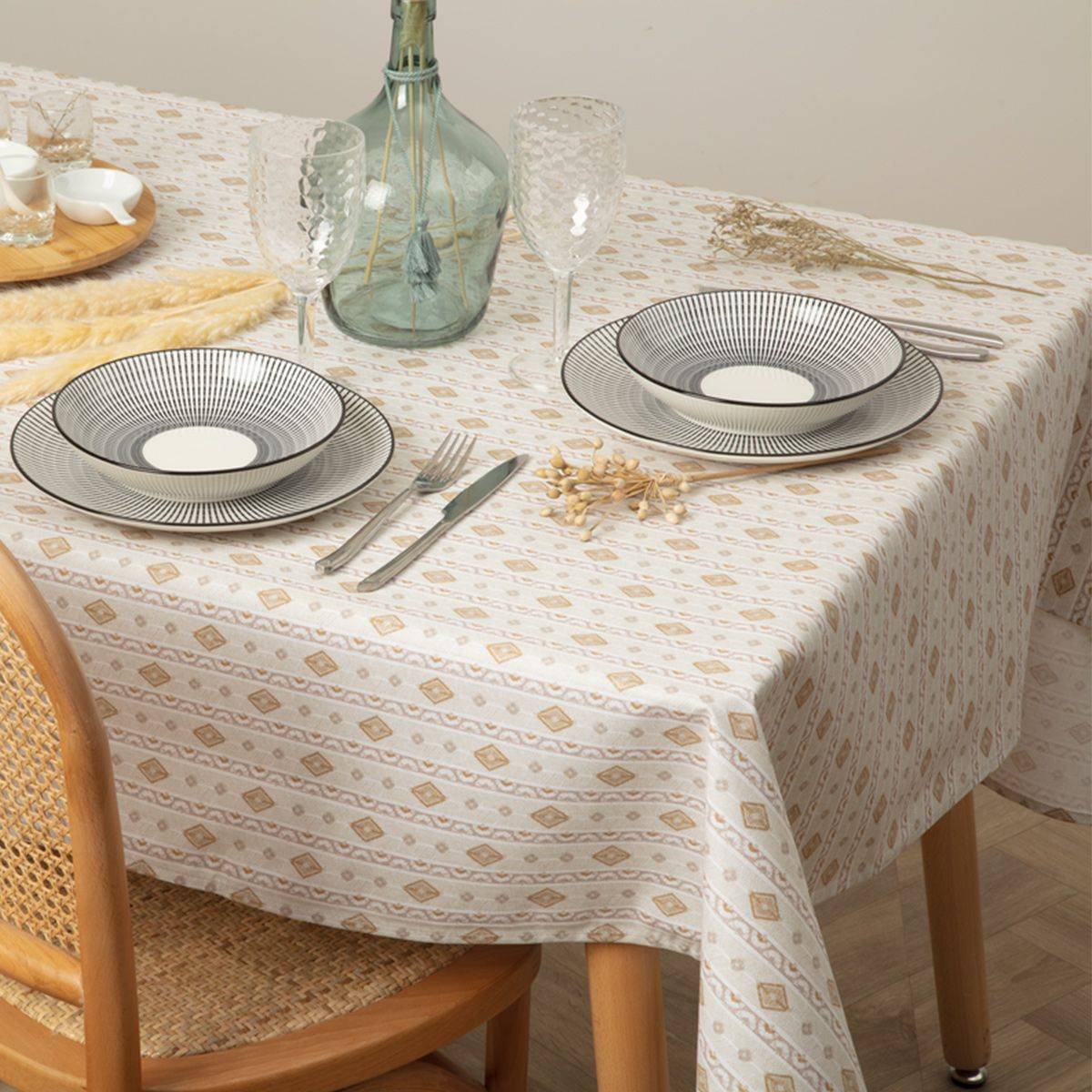 Nappe en polycoton Beige Ocre et Blanc 150 x 250 cm - Imagen 3