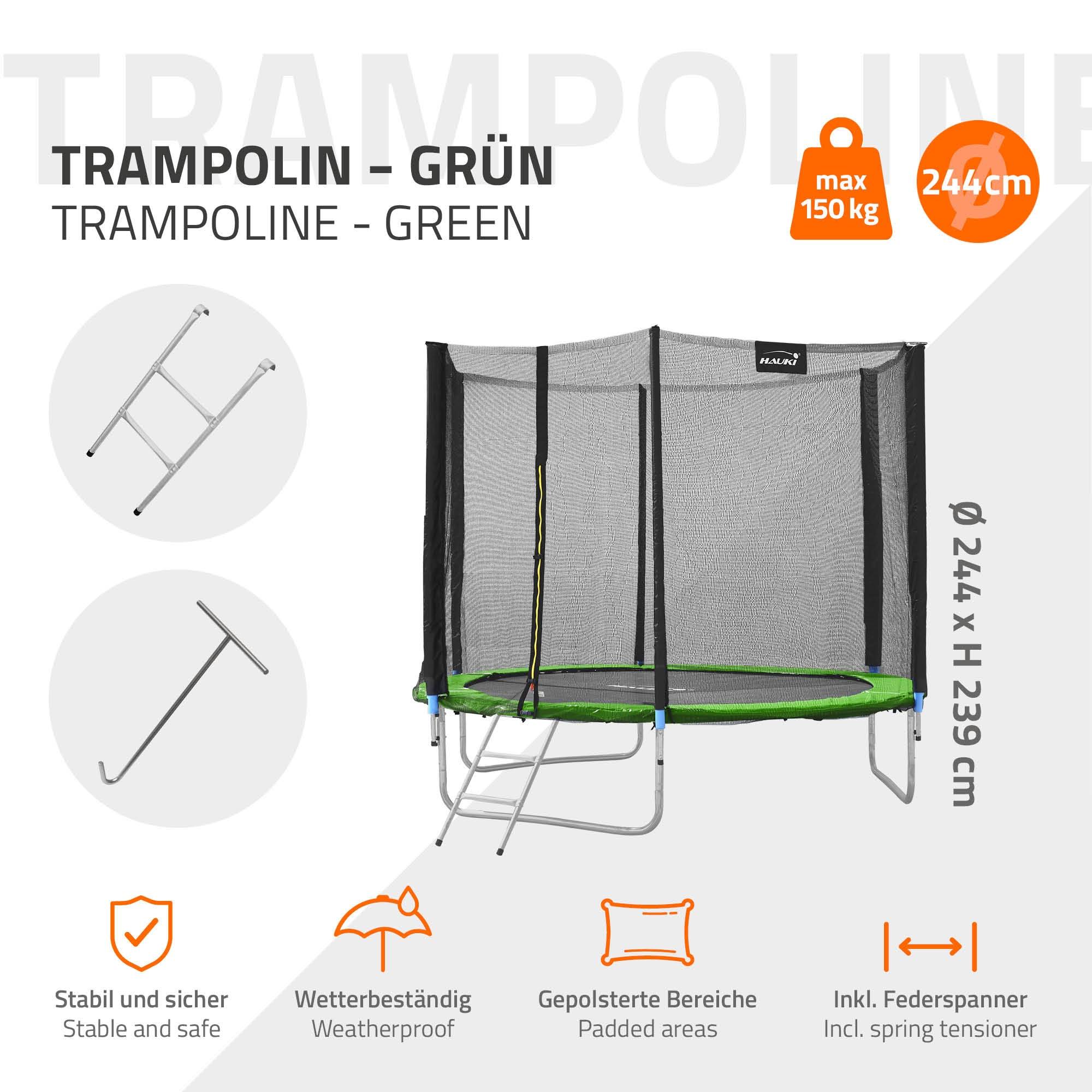 Trampoline de jardin avec filet de sécurité et échelle set complet vert Ø 244 cm - Imagen 3