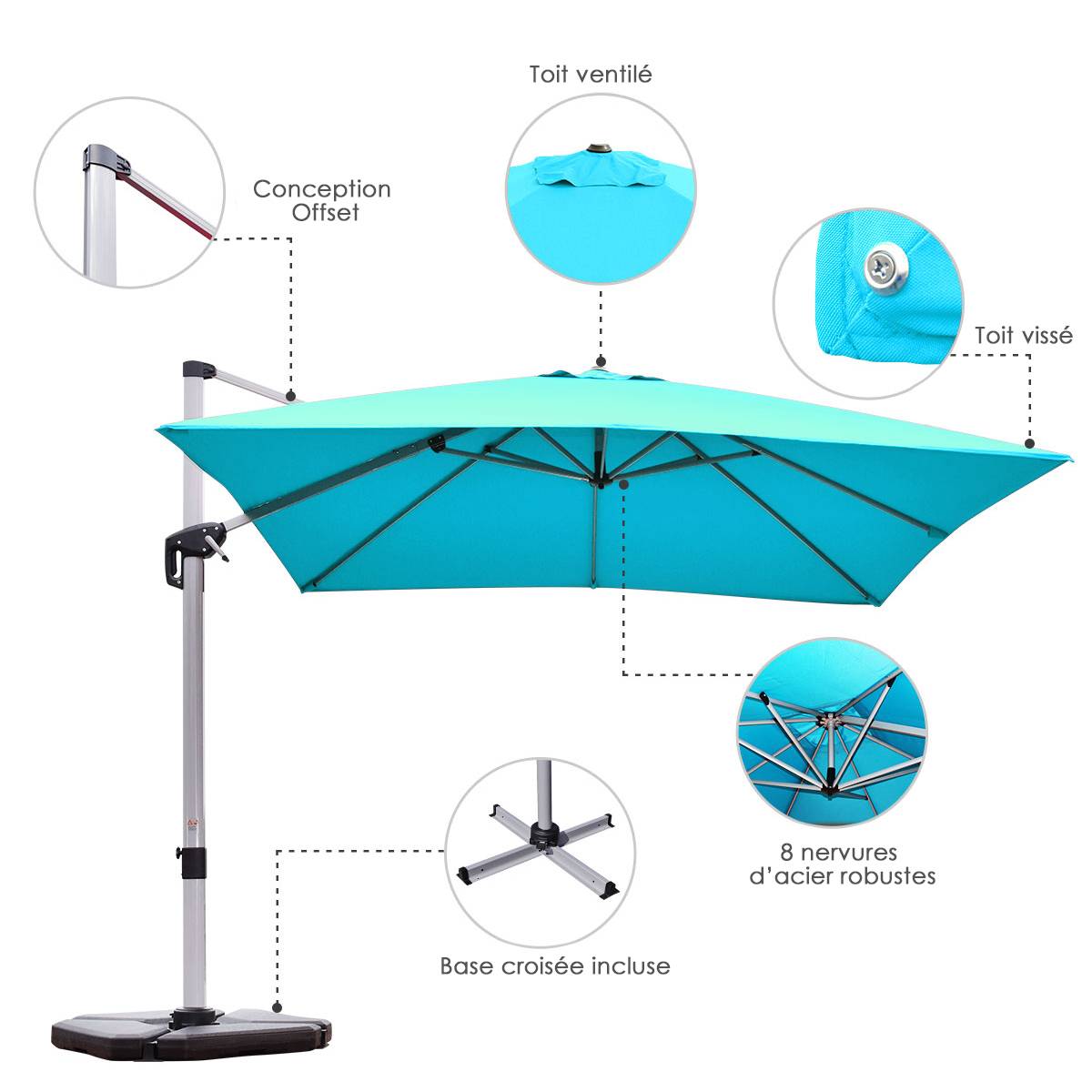 Maison Chic - Parasol Déporté Carré 3M Base en Croix Poteau en Aluminium Rotatif Manivelle Inclinable Bleu - Image 7
