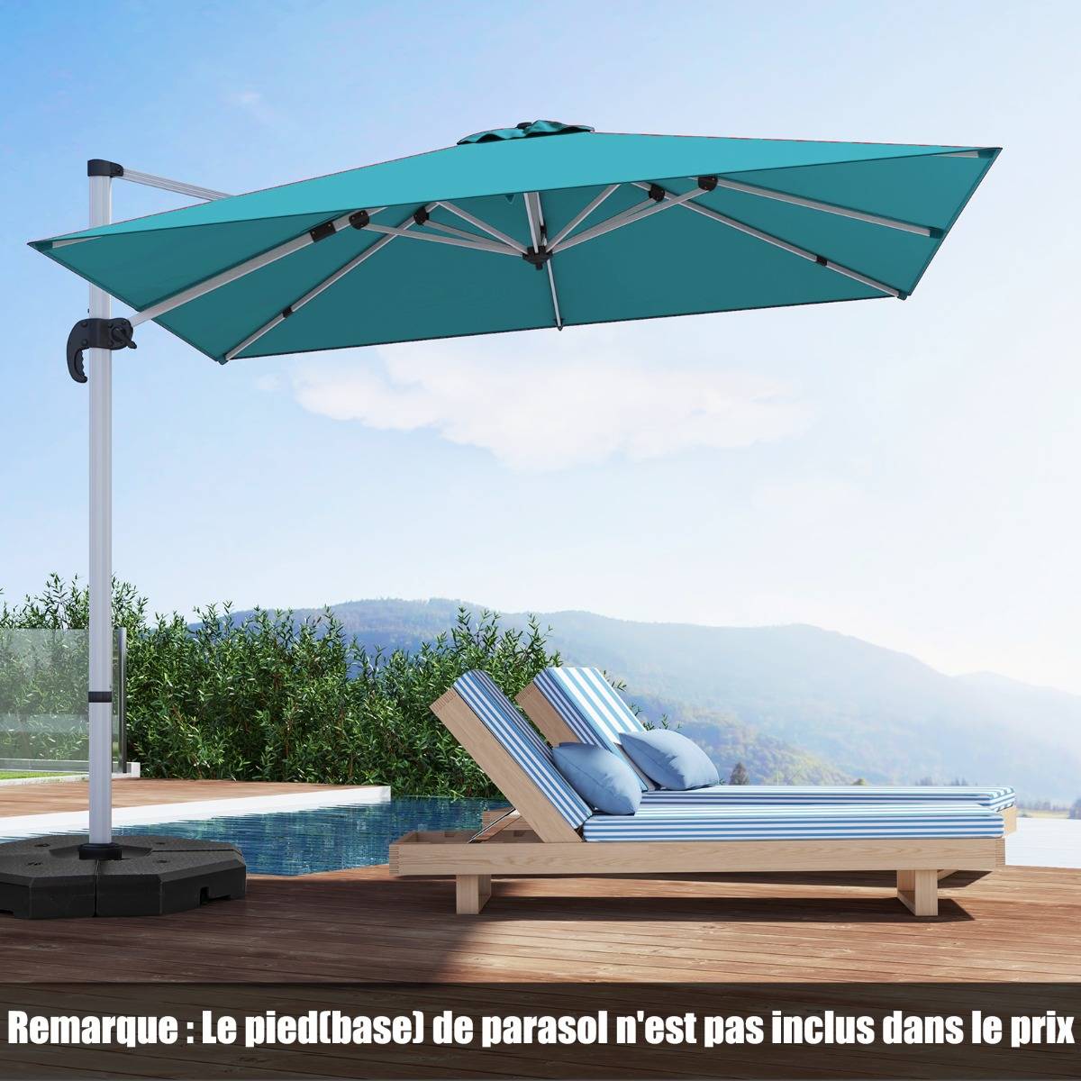 Maison Chic - Parasol Déporté Carré 3M Base en Croix Poteau en Aluminium Rotatif Manivelle Inclinable Bleu - Image 3