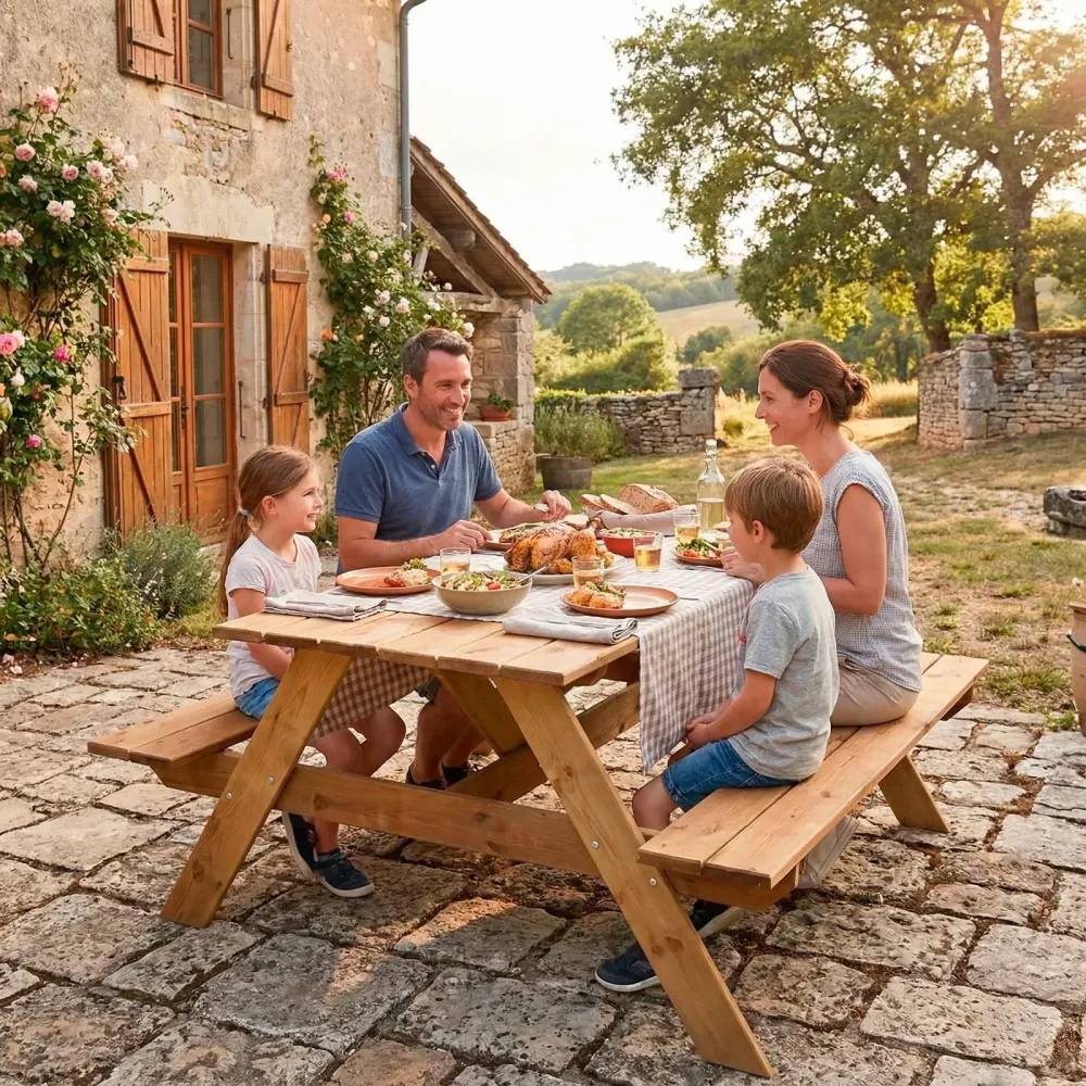 Table pique-nique en pin autoclave 160 cm avec bancs – 6 places - Image 1