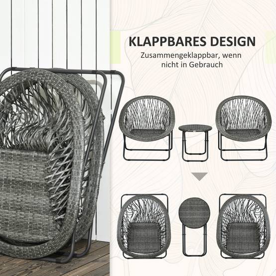 ComfortXL - Salon de jardin 3 pièces rotin PE acier gris 2 fauteuils et table pliante pour balcon terrasse compacte - Image 6