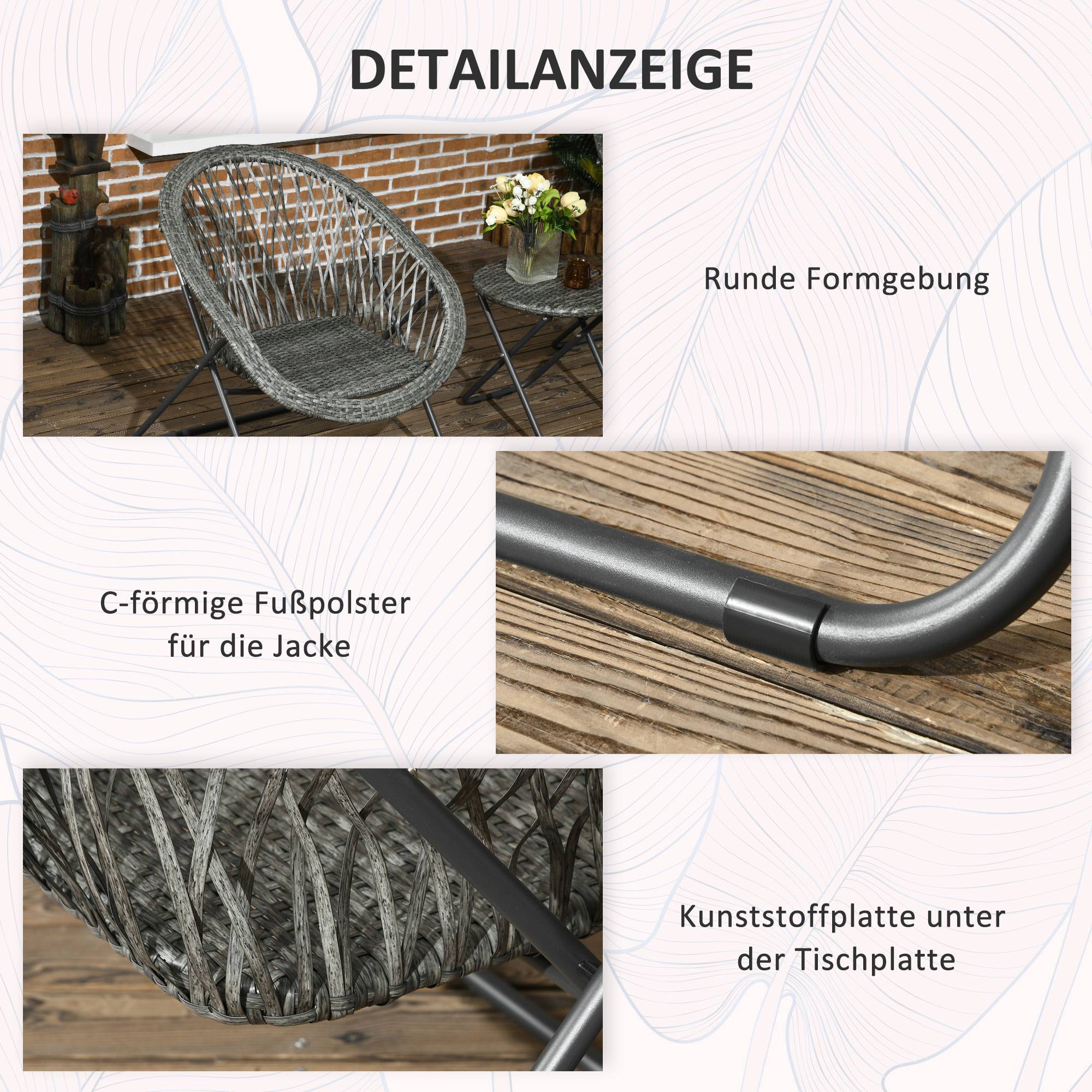 ComfortXL - Salon de jardin 3 pièces rotin PE acier gris 2 fauteuils et table pliante pour balcon terrasse compacte - Image 7