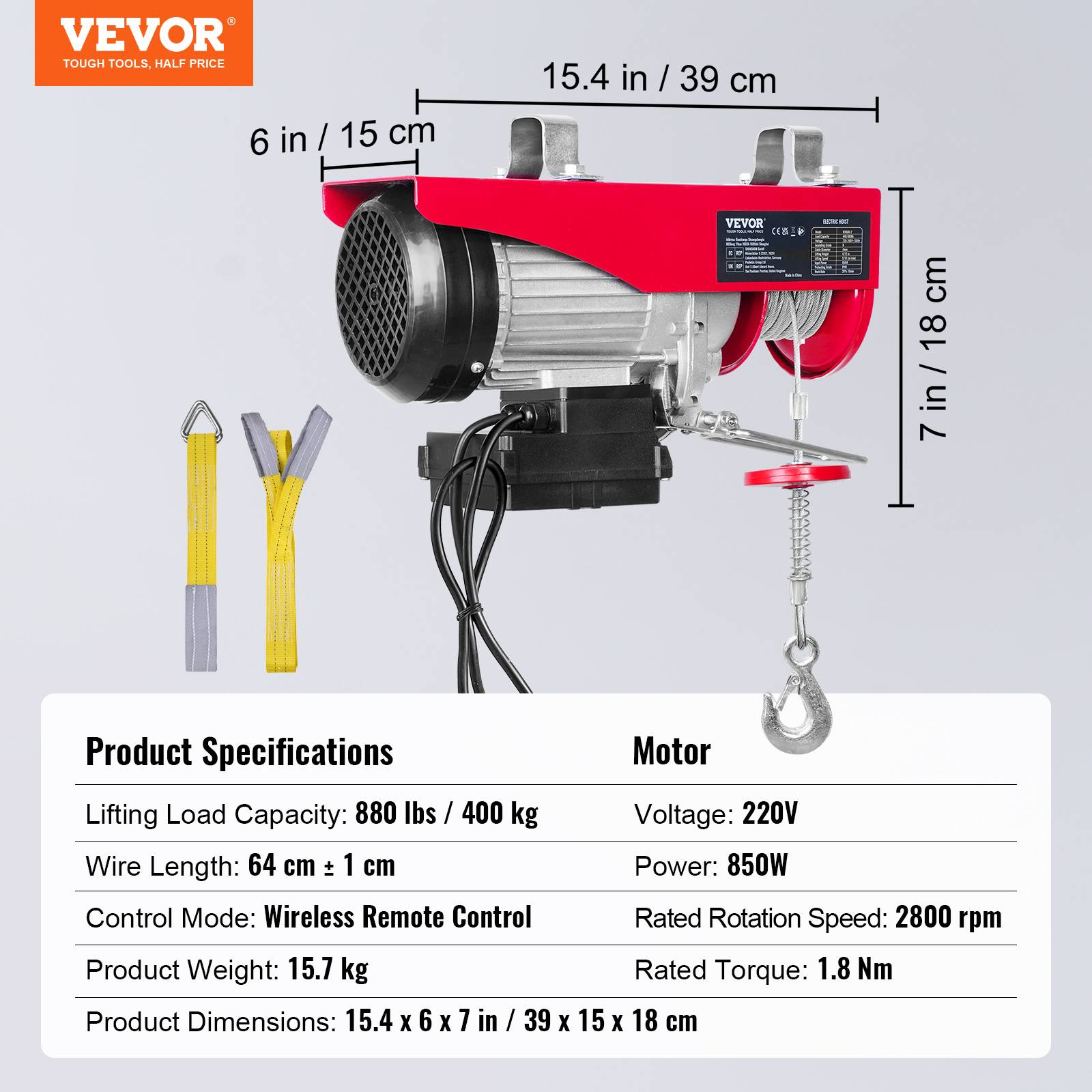 VEVOR Treuil électrique 400kg, télécommande sans fil, 850W, câble 12m, levage et remorquage. - Image 7