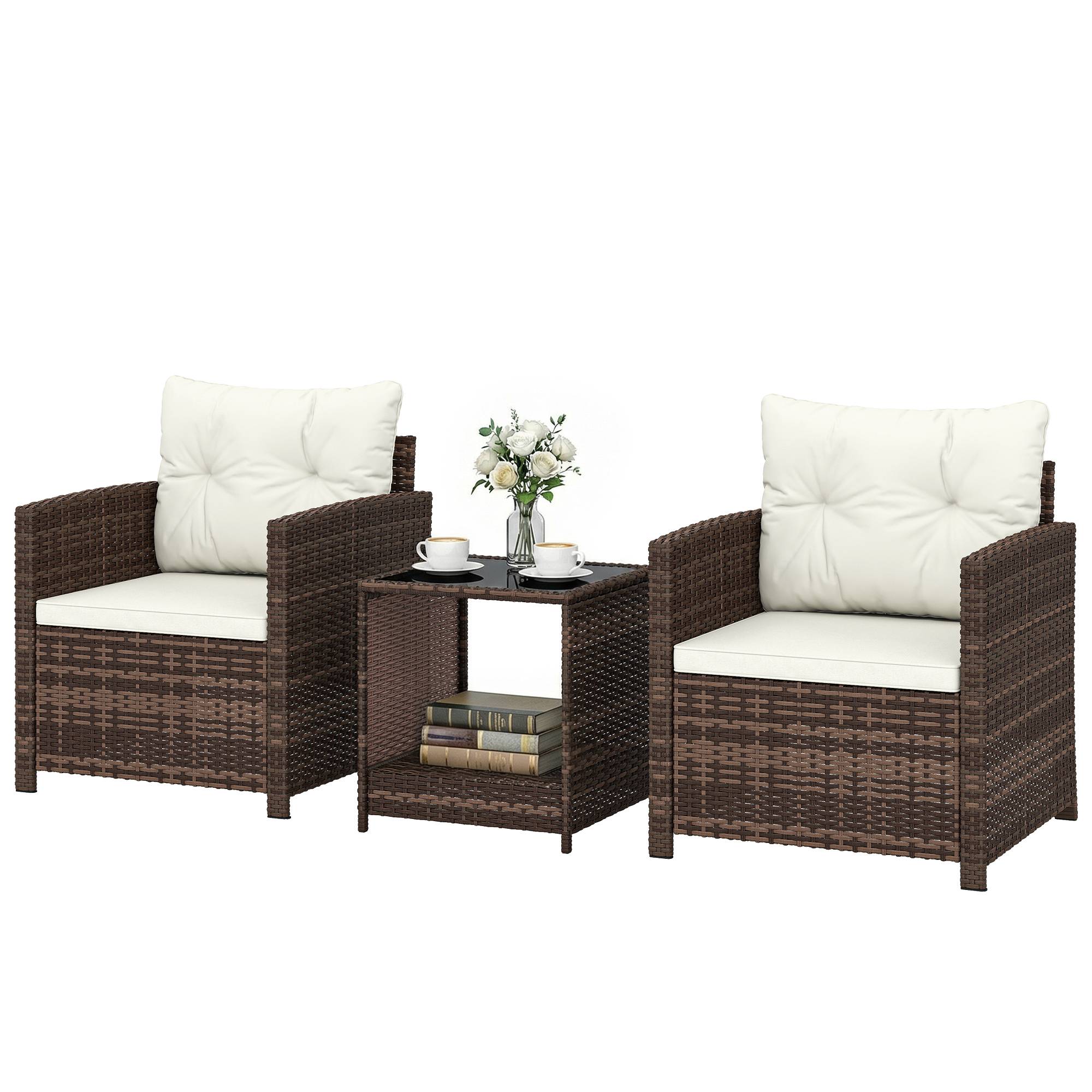 ComfortXL - Salon de jardin 3 pièces résine tressée acier crème balcon terrasse table 2 niveaux coussins lavables - Image 2