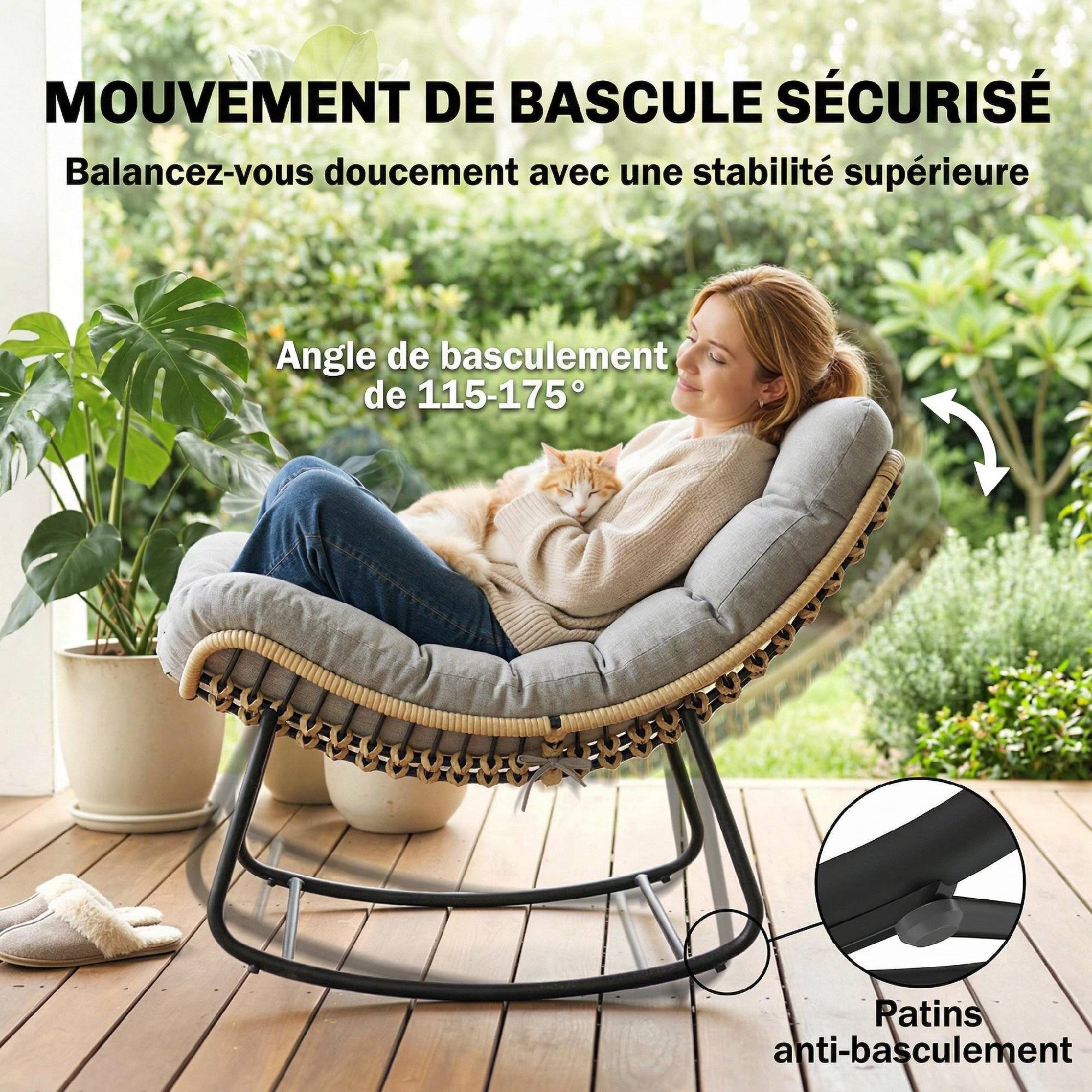Fauteuil à Bascule Résine Tressée Balcon Terrasse Assise Rembourrée Coton Gris - ComfortXL Outdoor Living - Image 10