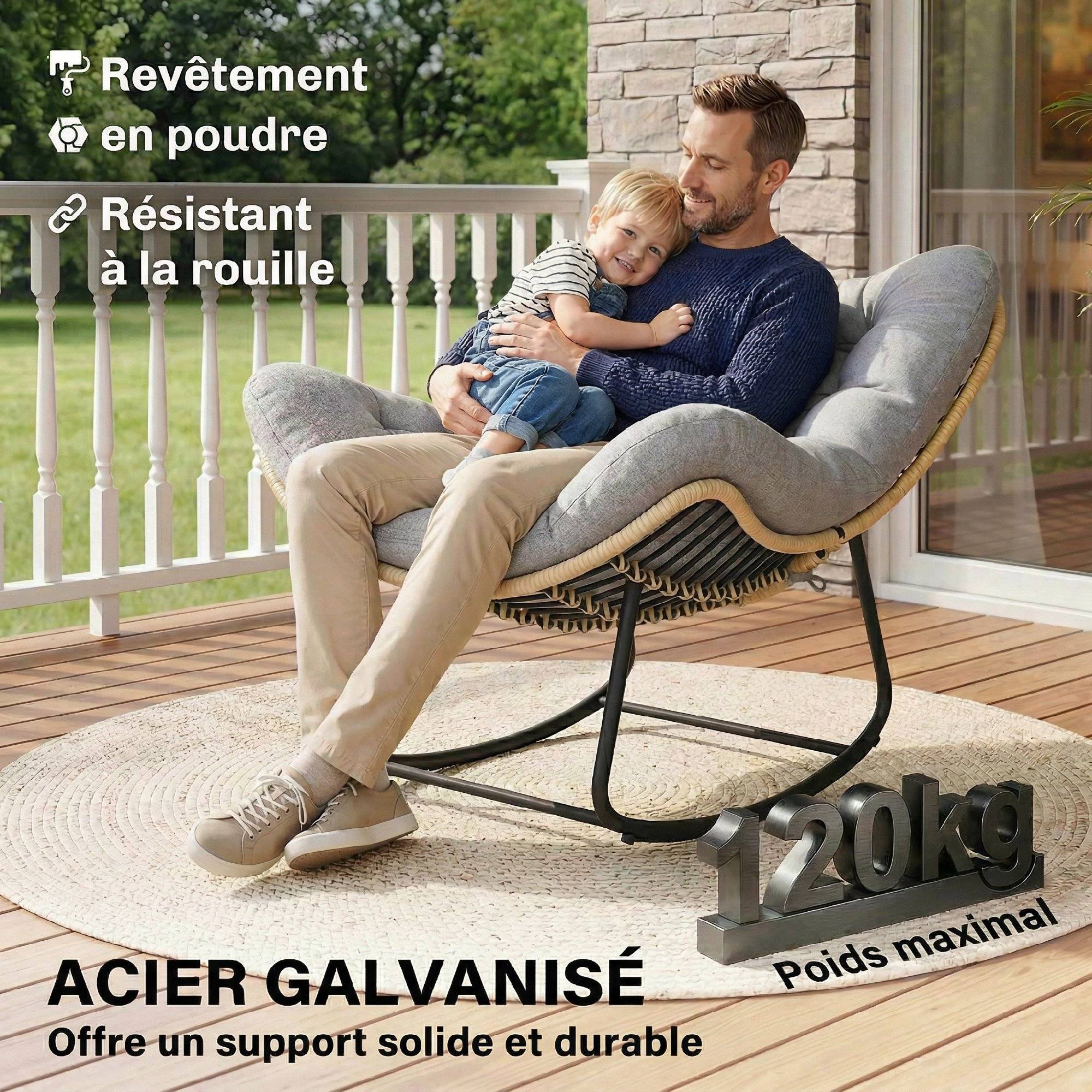 Fauteuil à Bascule Résine Tressée Balcon Terrasse Assise Rembourrée Coton Gris - ComfortXL Outdoor Living - Image 8