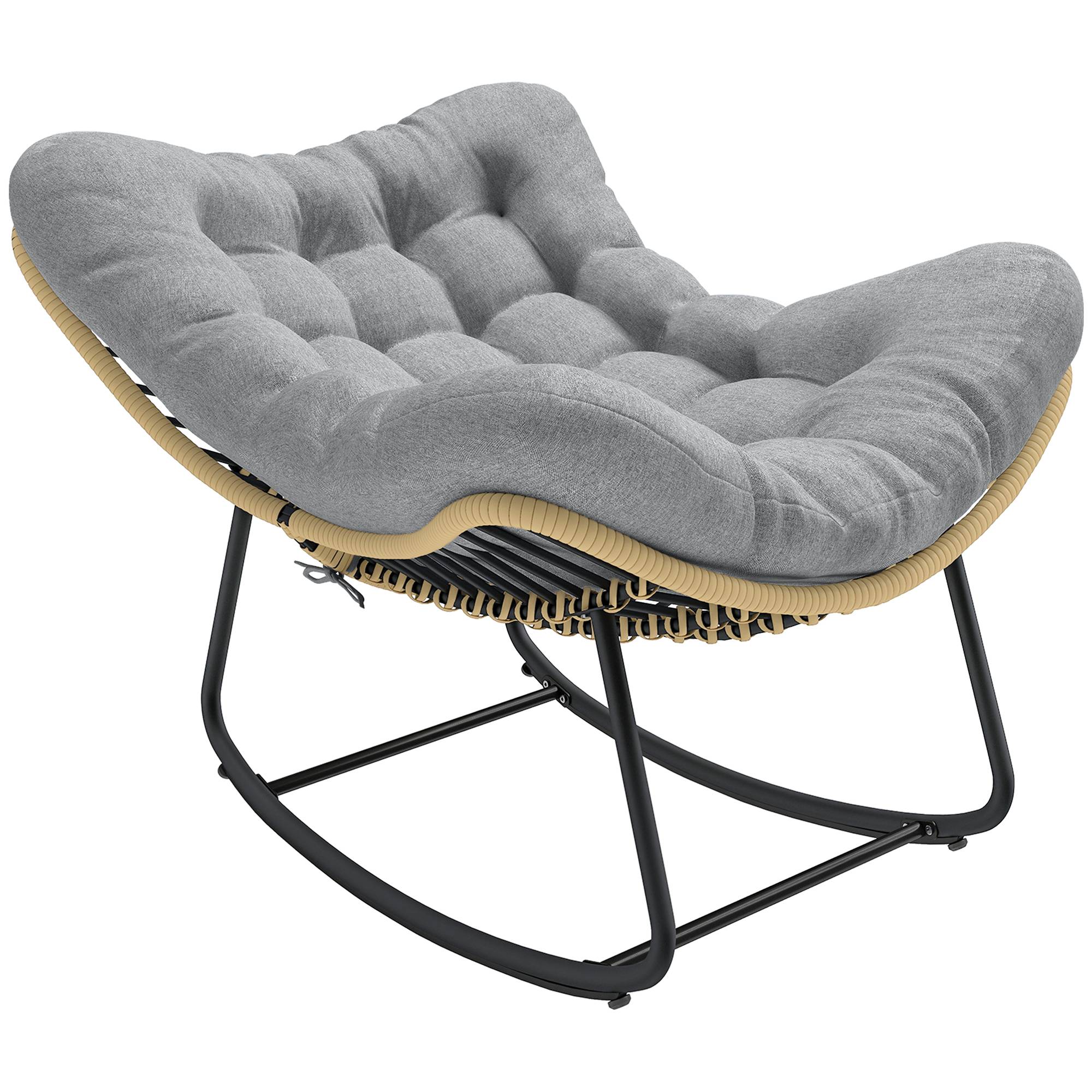 Fauteuil à Bascule Résine Tressée Balcon Terrasse Assise Rembourrée Coton Gris - ComfortXL Outdoor Living - Image 1
