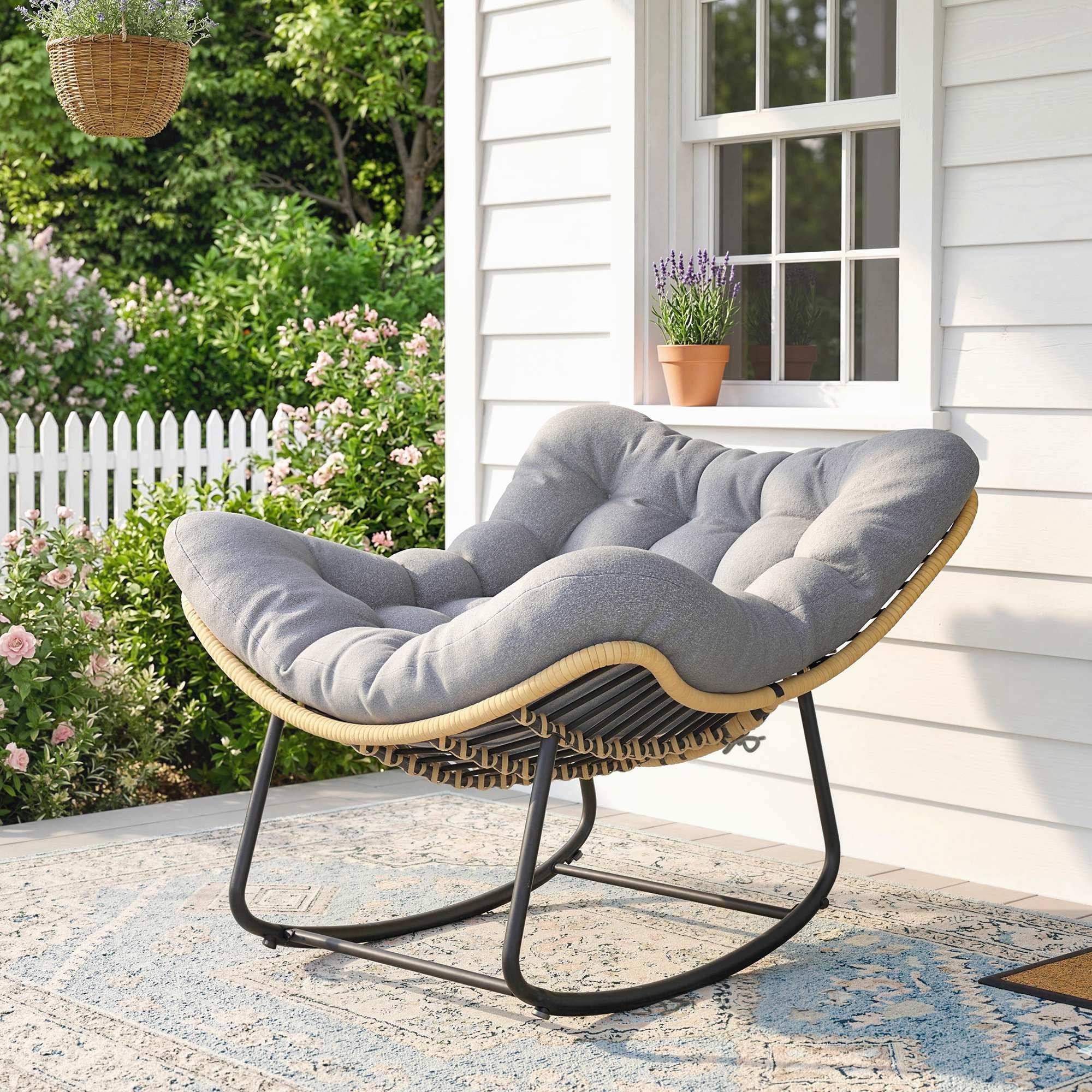Fauteuil à Bascule Résine Tressée Balcon Terrasse Assise Rembourrée Coton Gris - ComfortXL Outdoor Living - Image 4