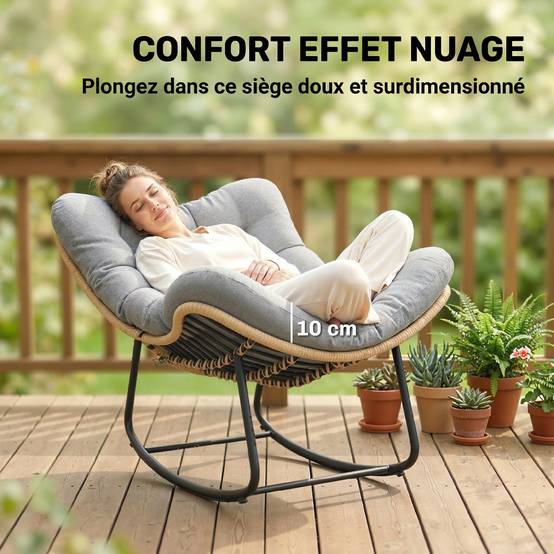 Fauteuil à Bascule Résine Tressée Balcon Terrasse Assise Rembourrée Coton Gris - ComfortXL Outdoor Living - Image 6