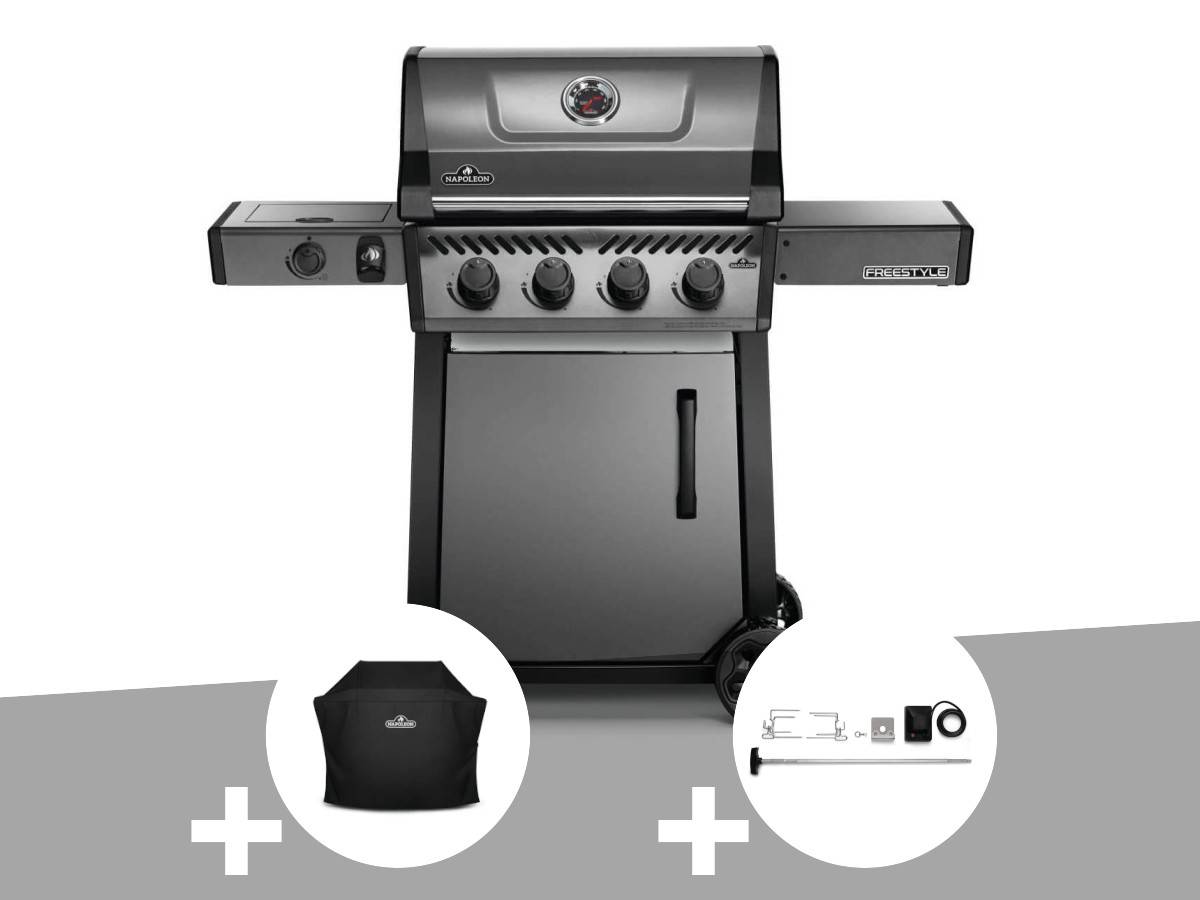 Napoleon - Barbecue à gaz Freestyle F425SIB - 4 brûleurs + Sizzle Zone + Housse de protection + Kit rôtissoire - Napoleon