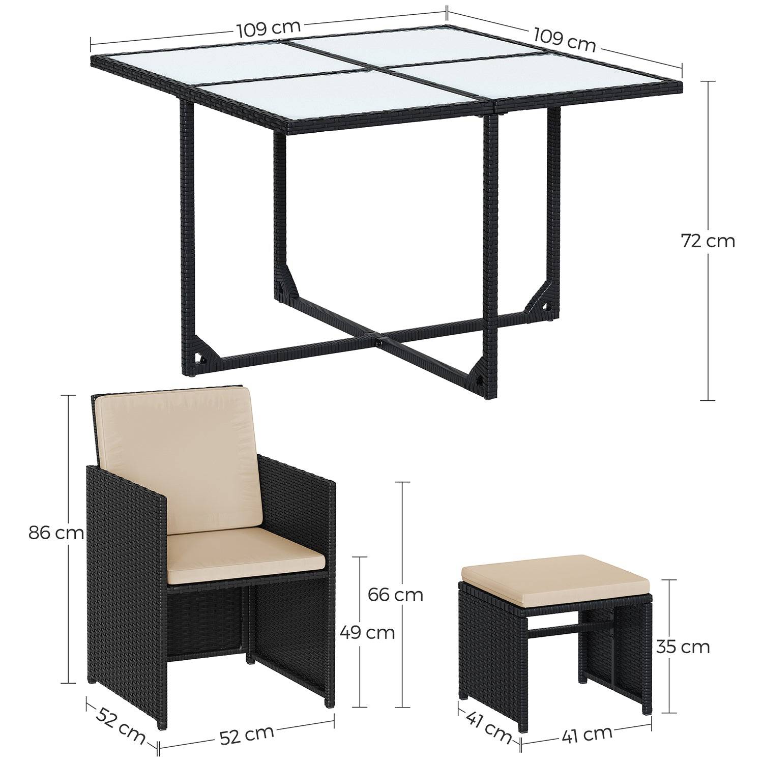 Helloshop26 - Salon de jardin extérieur ensemble de mobilier table et chaises 9 pièces surface tressée en pe dessus de table en verre avec coussins gain de place n - Imagen 3