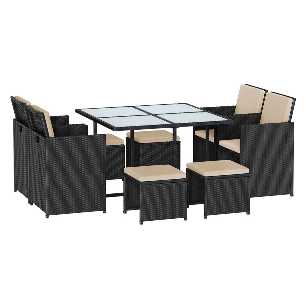 Helloshop26 - Salon de jardin extérieur ensemble de mobilier table et chaises 9 pièces surface tressée en pe dessus de table en verre avec coussins gain de place n - Imagen 1