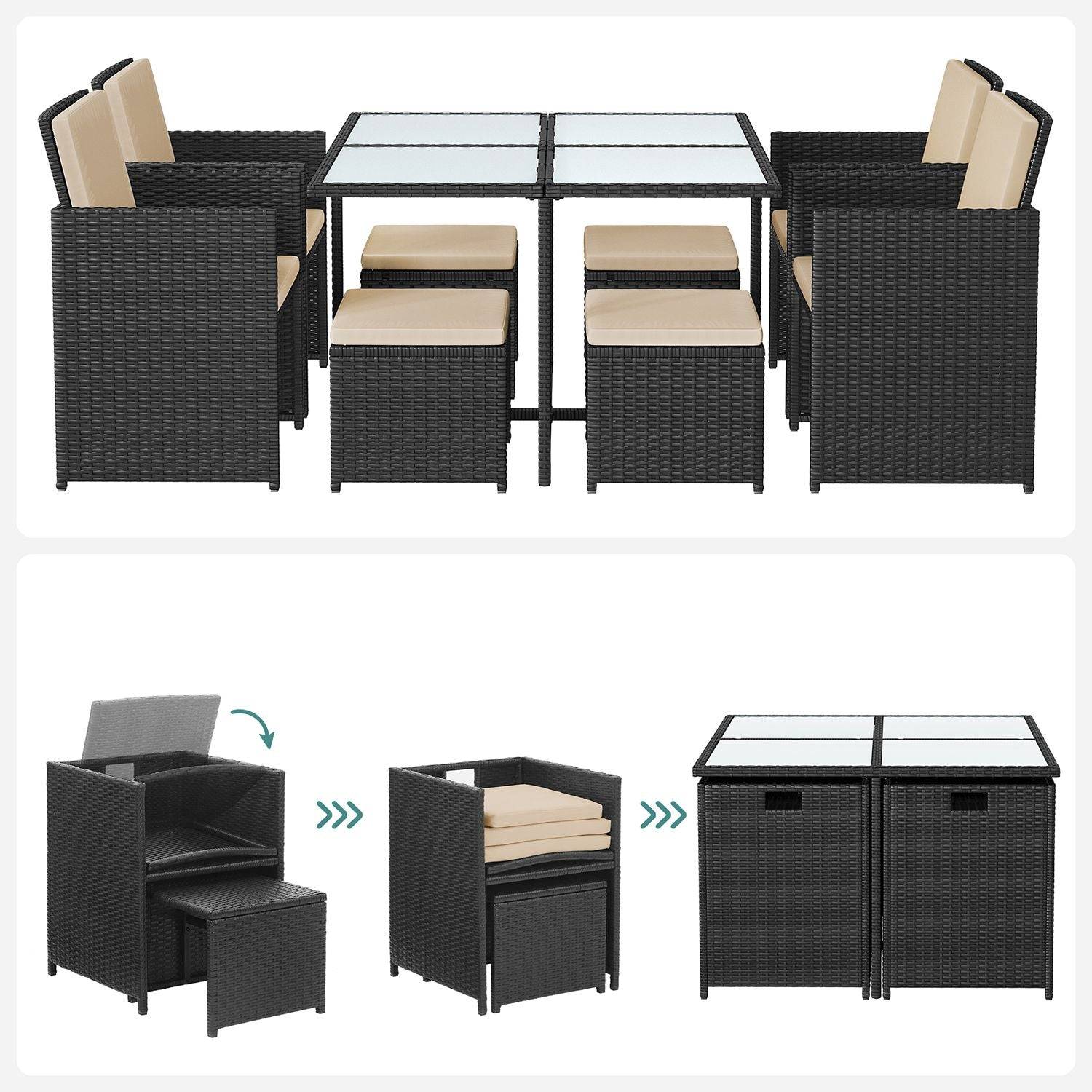 Helloshop26 - Salon de jardin extérieur ensemble de mobilier table et chaises 9 pièces surface tressée en pe dessus de table en verre avec coussins gain de place n - Imagen 2