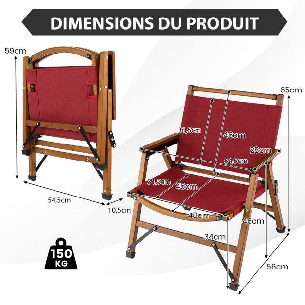 Helloshop26 - Chaise de camping pliante charge 150 kg avec cadre en bambou massif chaise pliante d'extérieur avec accoudoirs hauteur d’assise 34cm - Imagen 5