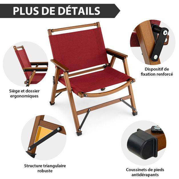 Helloshop26 - Chaise de camping pliante charge 150 kg avec cadre en bambou massif chaise pliante d'extérieur avec accoudoirs hauteur d’assise 34cm - Imagen 2