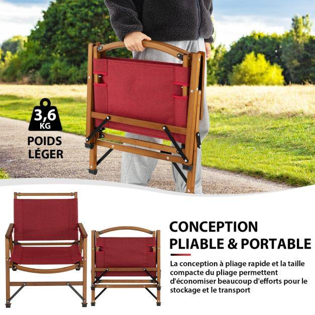 Helloshop26 - Chaise de camping pliante charge 150 kg avec cadre en bambou massif chaise pliante d'extérieur avec accoudoirs hauteur d’assise 34cm - Imagen 4