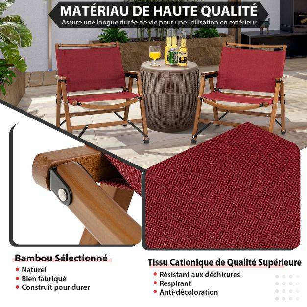 Helloshop26 - Chaise de camping pliante charge 150 kg avec cadre en bambou massif chaise pliante d'extérieur avec accoudoirs hauteur d’assise 34cm - Imagen 3