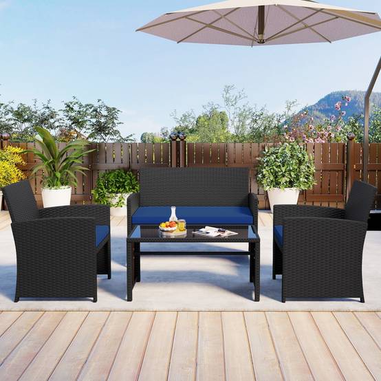 Ensemble de Salon de Jardin en Rotin PE 4 Pièces Canapé 3 Places en Osier avec Fauteuils et Table Basse en Verre Trempé Bleu MAISON CHIC - Image 2