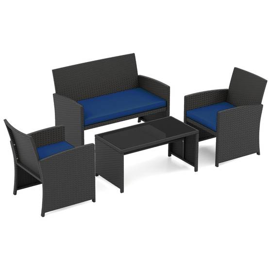 Ensemble de Salon de Jardin en Rotin PE 4 Pièces Canapé 3 Places en Osier avec Fauteuils et Table Basse en Verre Trempé Bleu MAISON CHIC - Image 8