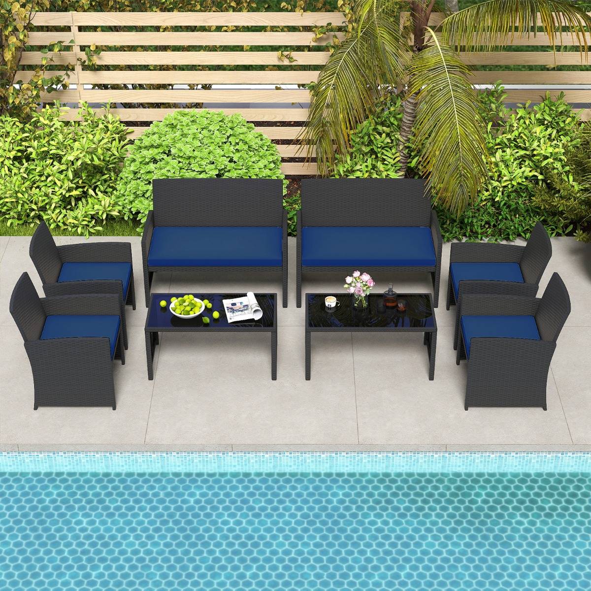 Ensemble de Salon de Jardin en Rotin PE 4 Pièces Canapé 3 Places en Osier avec Fauteuils et Table Basse en Verre Trempé Bleu MAISON CHIC - Image 3