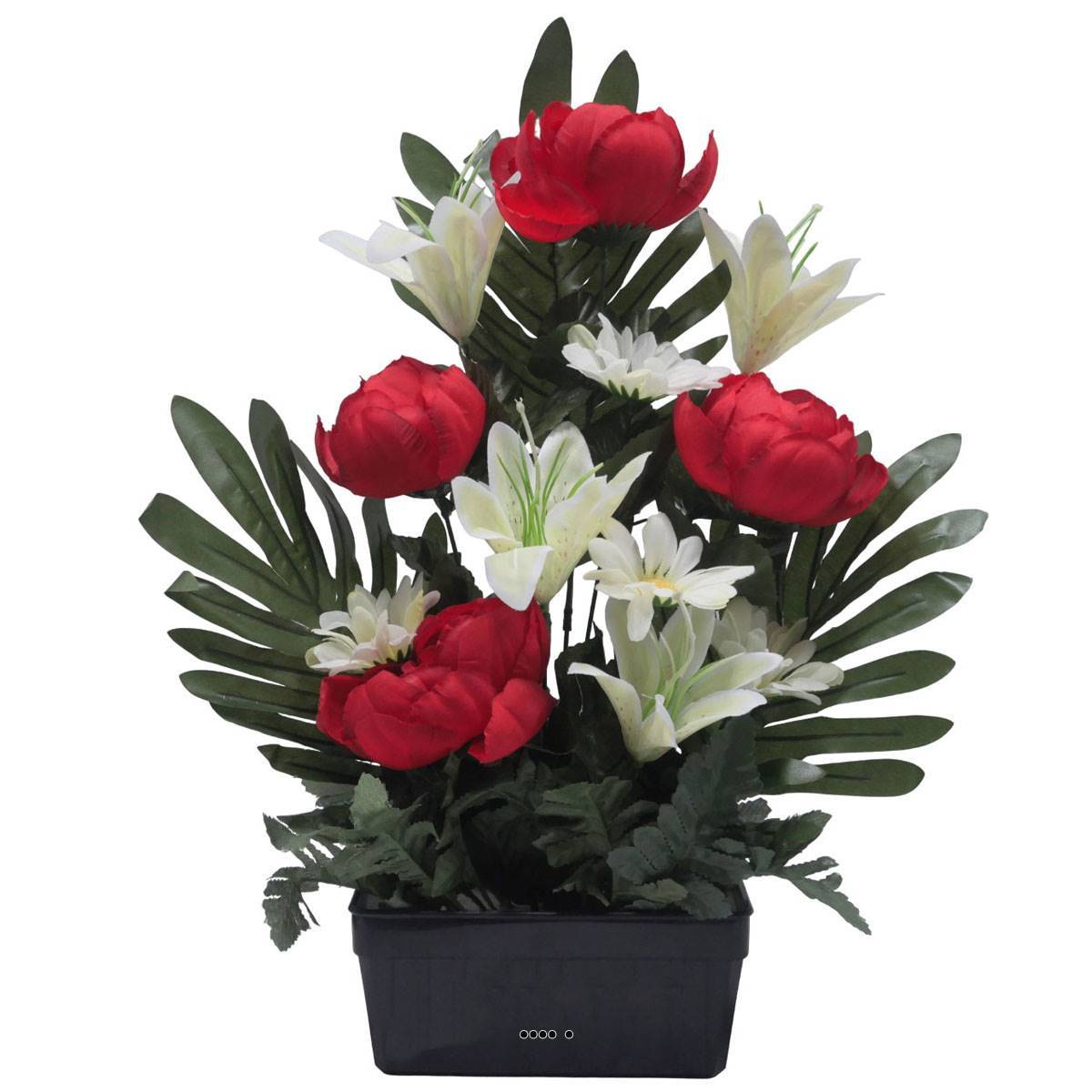 Artificielles - Jardinière fleurs artificielles Pivoine, Lys, Gerbera et ficus Rouge pour la Toussaint - couleur: Rouge - Imagen 1