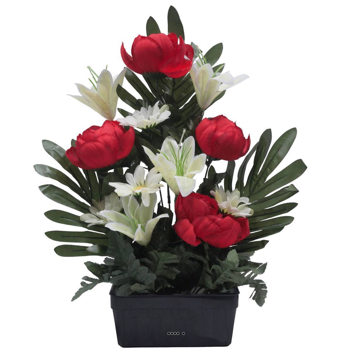 Artificielles - Jardinière fleurs artificielles Pivoine, Lys, Gerbera et ficus Rouge pour la Toussaint - couleur: Rouge - Imagen 2