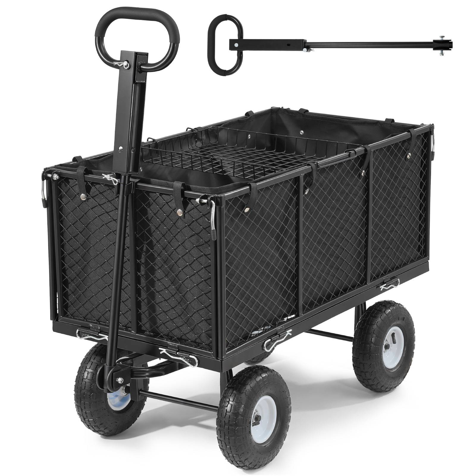 Vevor - VEVOR Chariot de jardin en acier 544,3 kg, pneus 25,4 cm, côtés amovibles, poignée réglable, compatible quad/tracteur, kit accessoires, noir.
